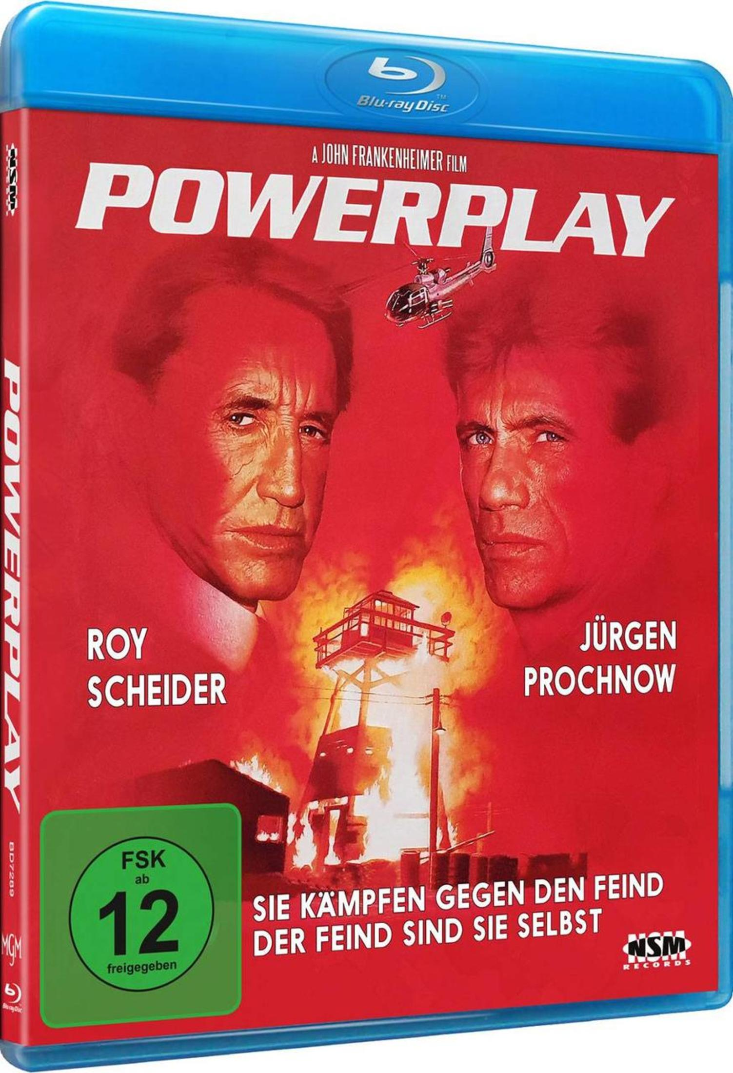 Blu-ray-Hülle des Films Powerplay mit Roy Scheider und Jürgen Prochnow vor rotem Hintergrund und brennendem Turm.