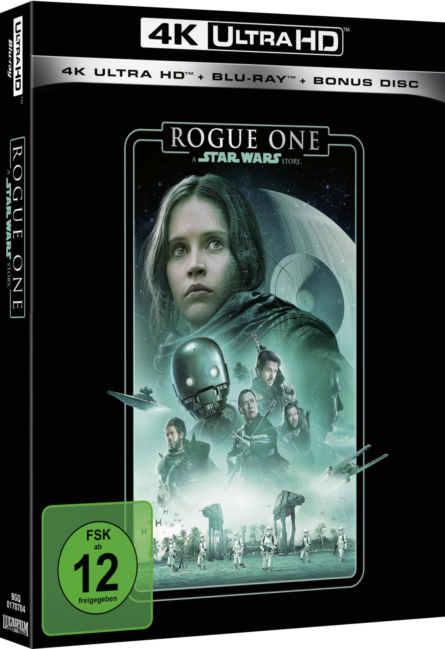Rogue One Star Wars Story 4K Ultra HD Blu-ray Cover mit Charakteren und dem Todesstern in Grüntönen.