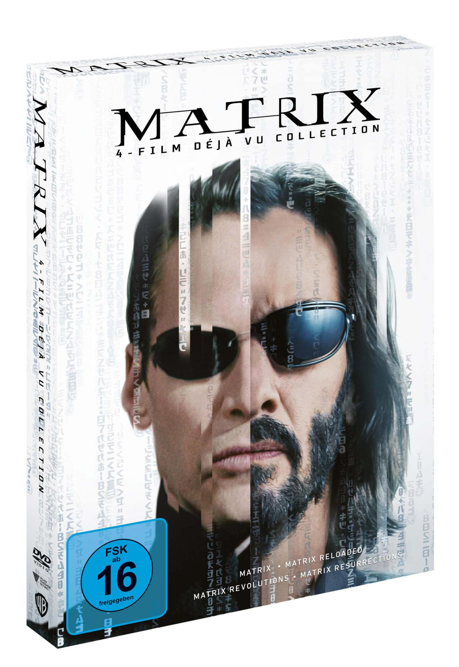 Matrix 4-Film Déjà Vu Collection DVD-Hülle mit Keanu Reeves im Vordergrund und dem Matrix-Code im Hintergrund.