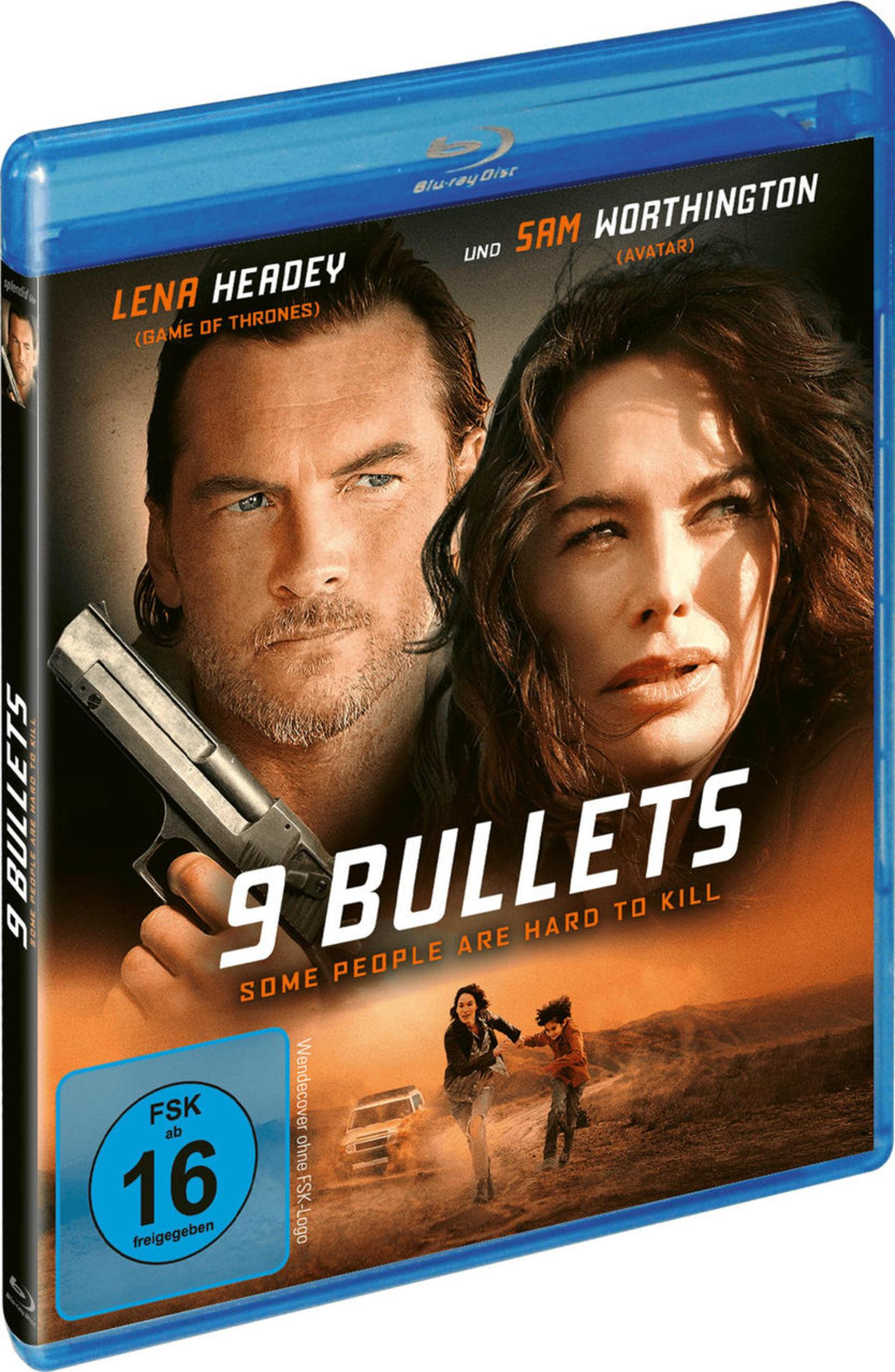 Blu-ray-Cover von '9 Bullets' mit Sam Worthington und Lena Headey, die eine Waffe halten, sowie eine Filmszene.