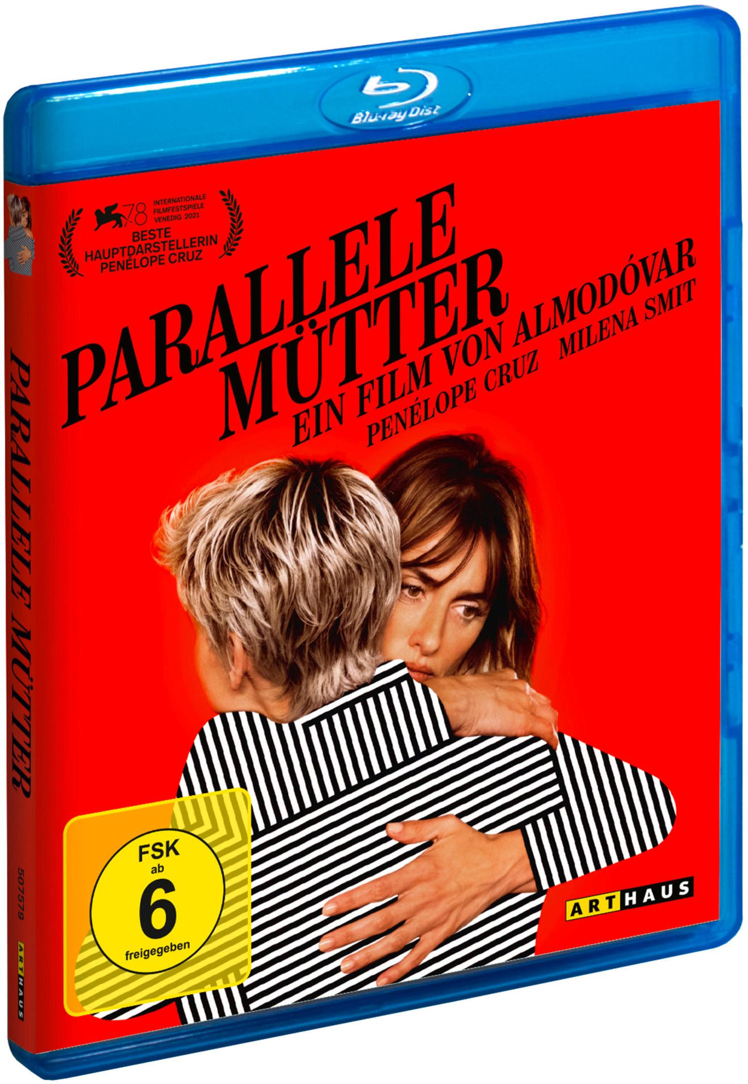 Blu-ray-Hülle des Films Parallele Mütter mit zwei umarmenden Frauen vor rotem Hintergrund.