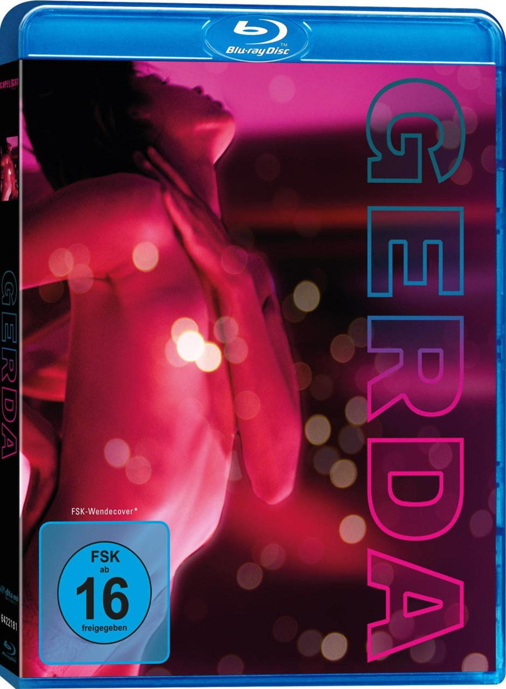 Blu-ray-Hülle mit dem Film Gerda, zeigt eine pink beleuchtete Person mit dem Titel auf dem Cover.