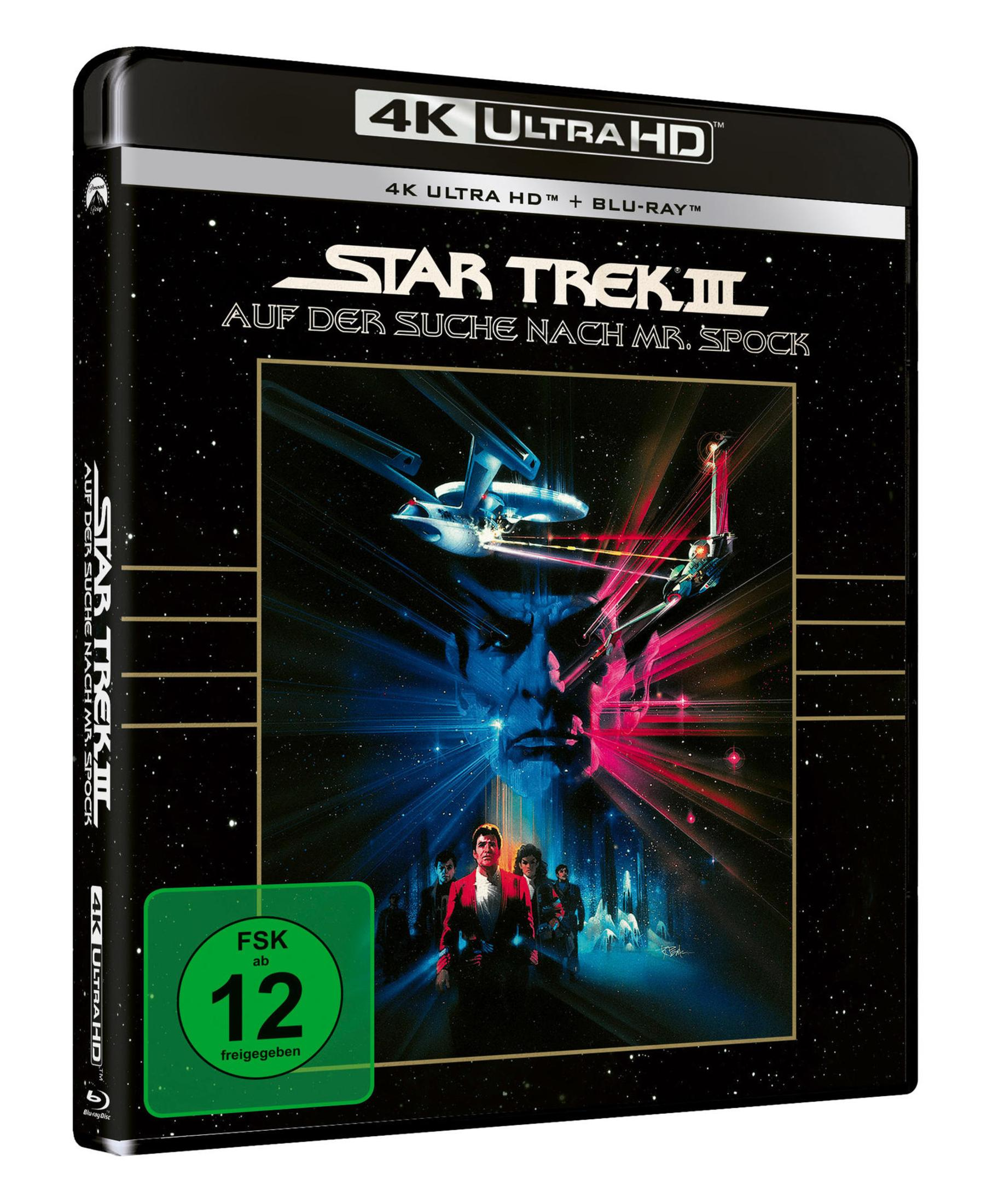 Star Trek III 4K Ultra HD und Blu-ray Steelbook-Cover mit Spock und Besatzung vor sternenklarem Hintergrund.