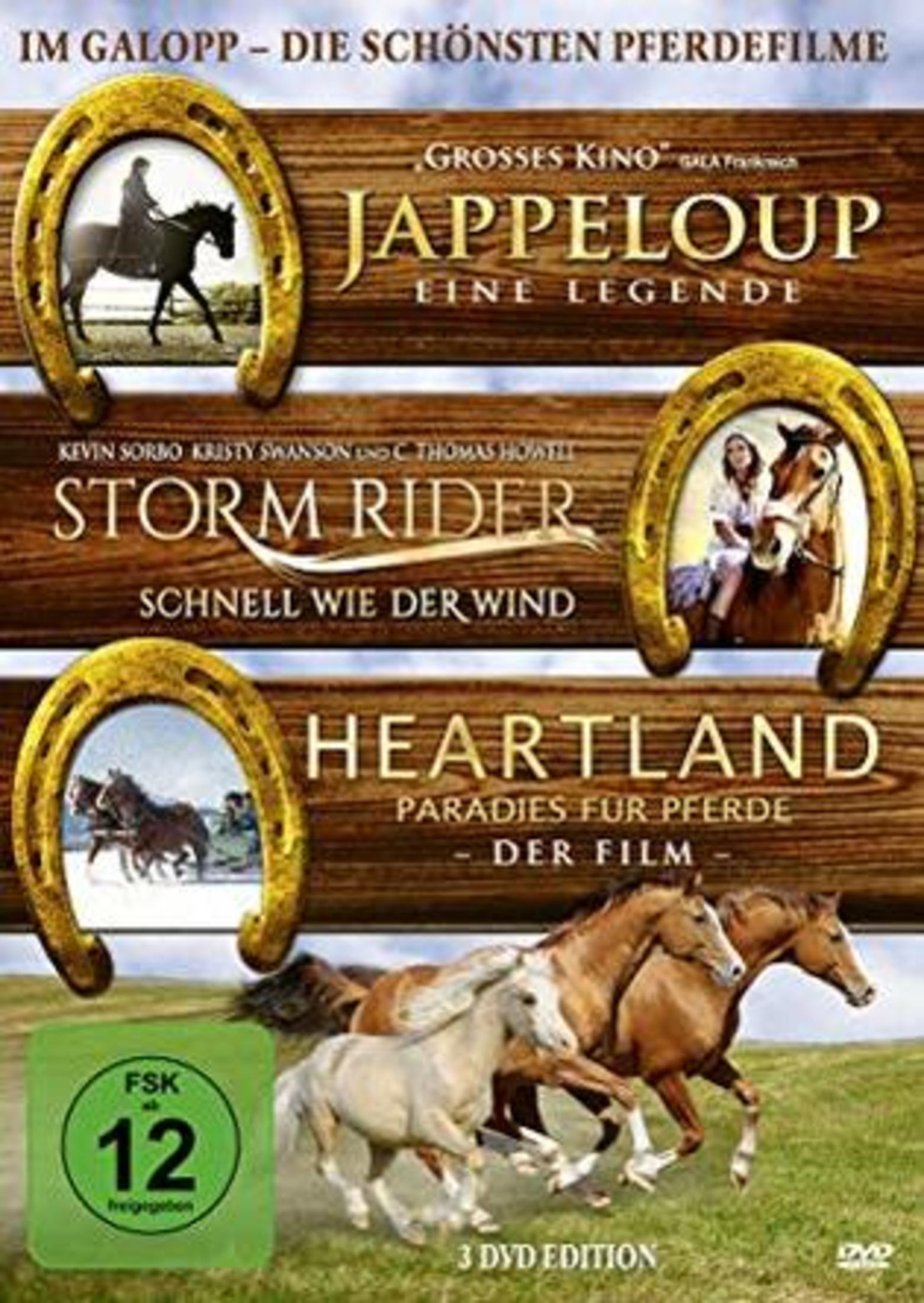 DVD-Cover mit Pferden und drei Hufeisen-Designs. Der Titel hat die Wörter Jappeloup, Storm Rider, Heartland.