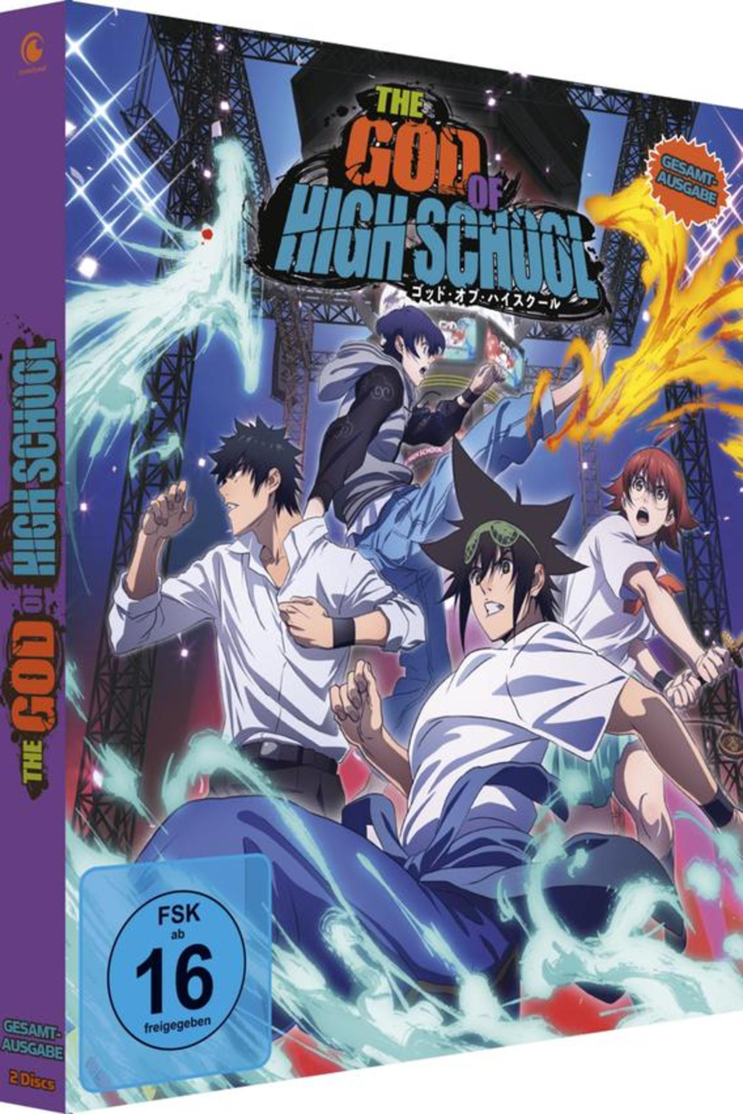 Das Cover der DVD-Box 'The God of High School' mit einer Gruppe von Anime-Charakteren in Aktion.