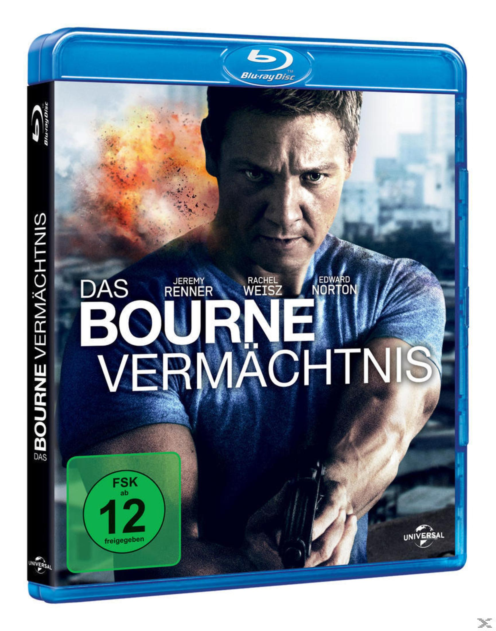Blu-ray-Cover von Das Bourne Vermächtnis. Mann mit Waffe vor Feuerhintergrund.