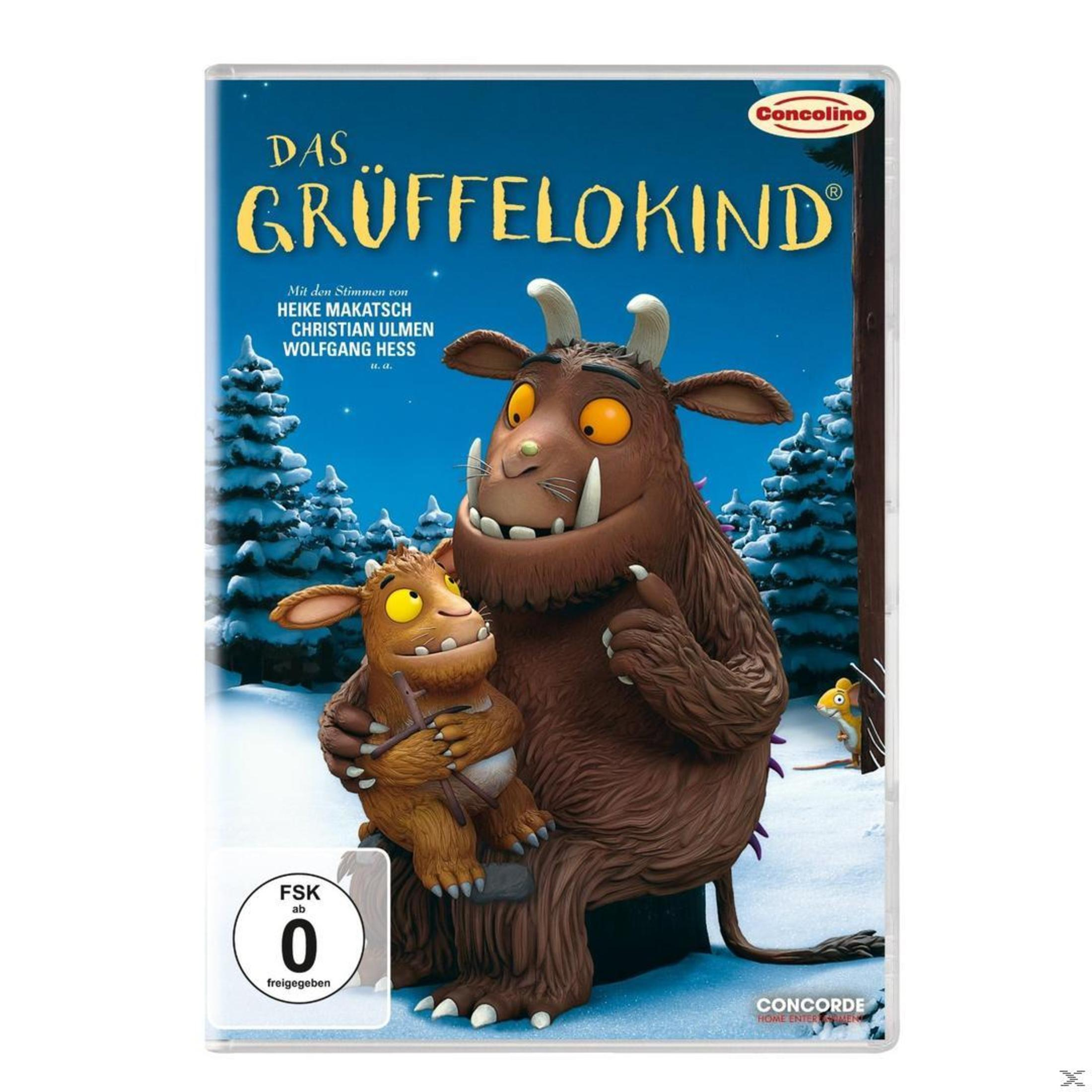 DVD-Cover von 'Das Grüffelo-Kind'. Ein Grüffelo und ein Kind-Grüffelo stehen im Schnee.