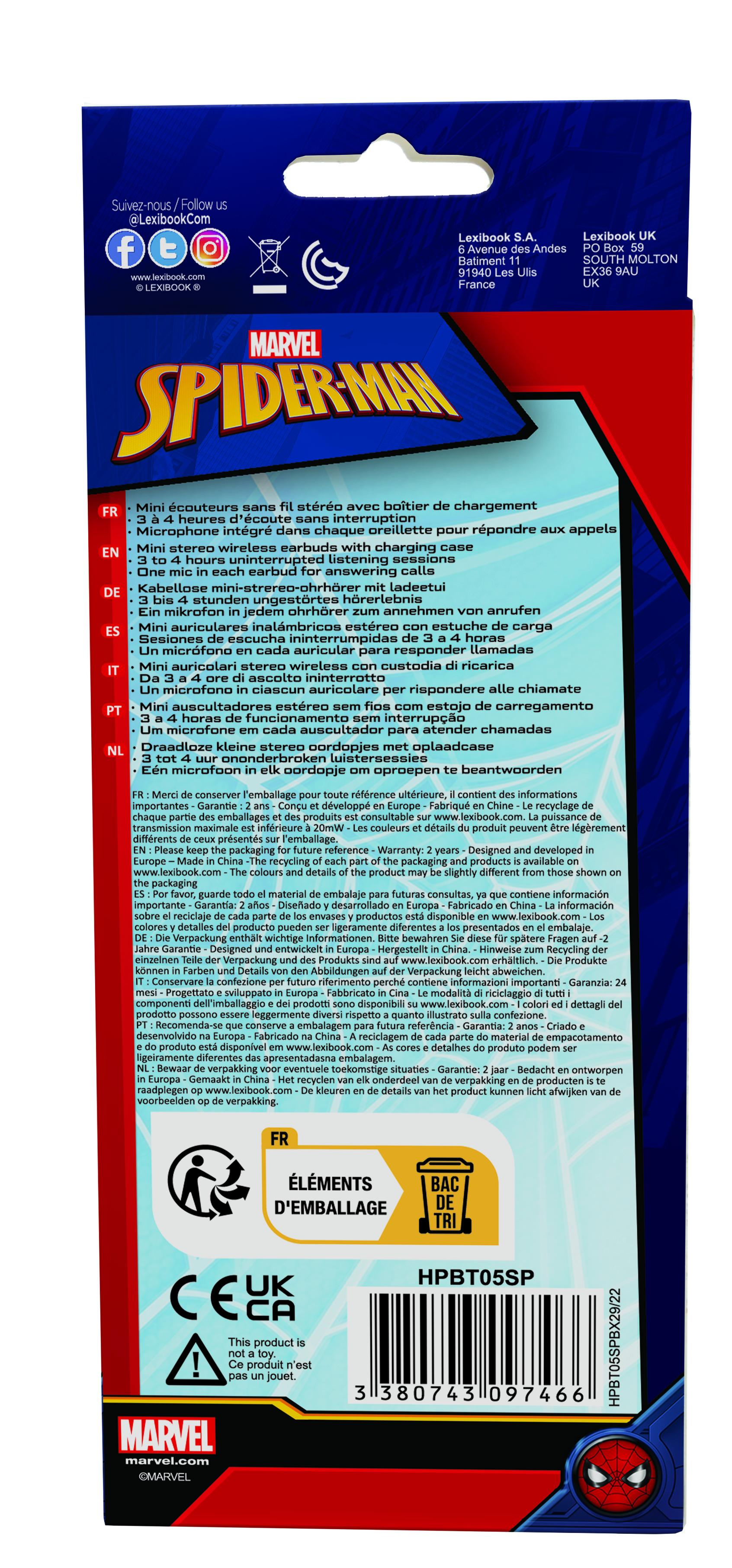 Embalaje de producto para auriculares con temática de Spider-Man con texto multilingüe.