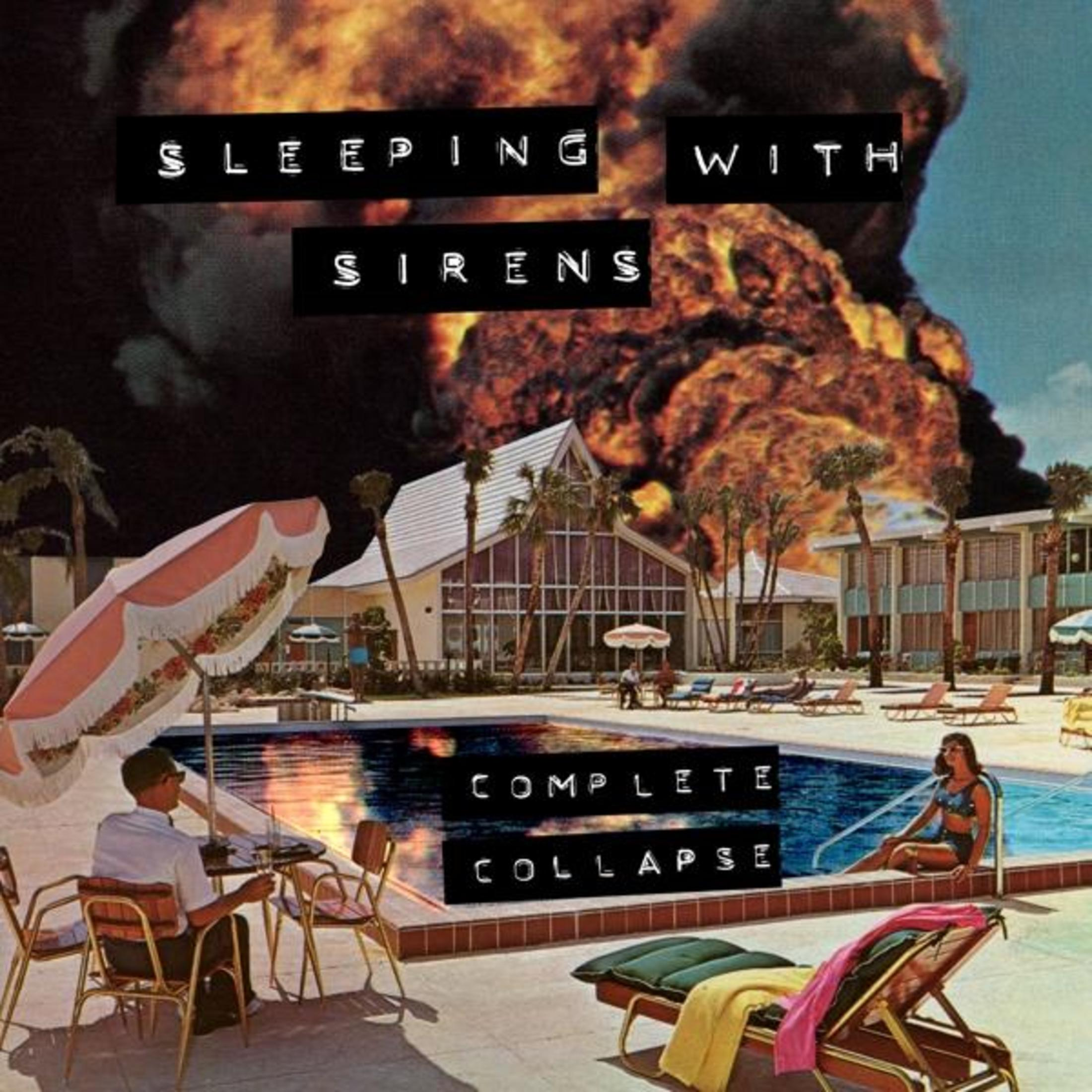 Scena piscina con edificio in fiamme sullo sfondo. Testo: Sleeping With Sirens.