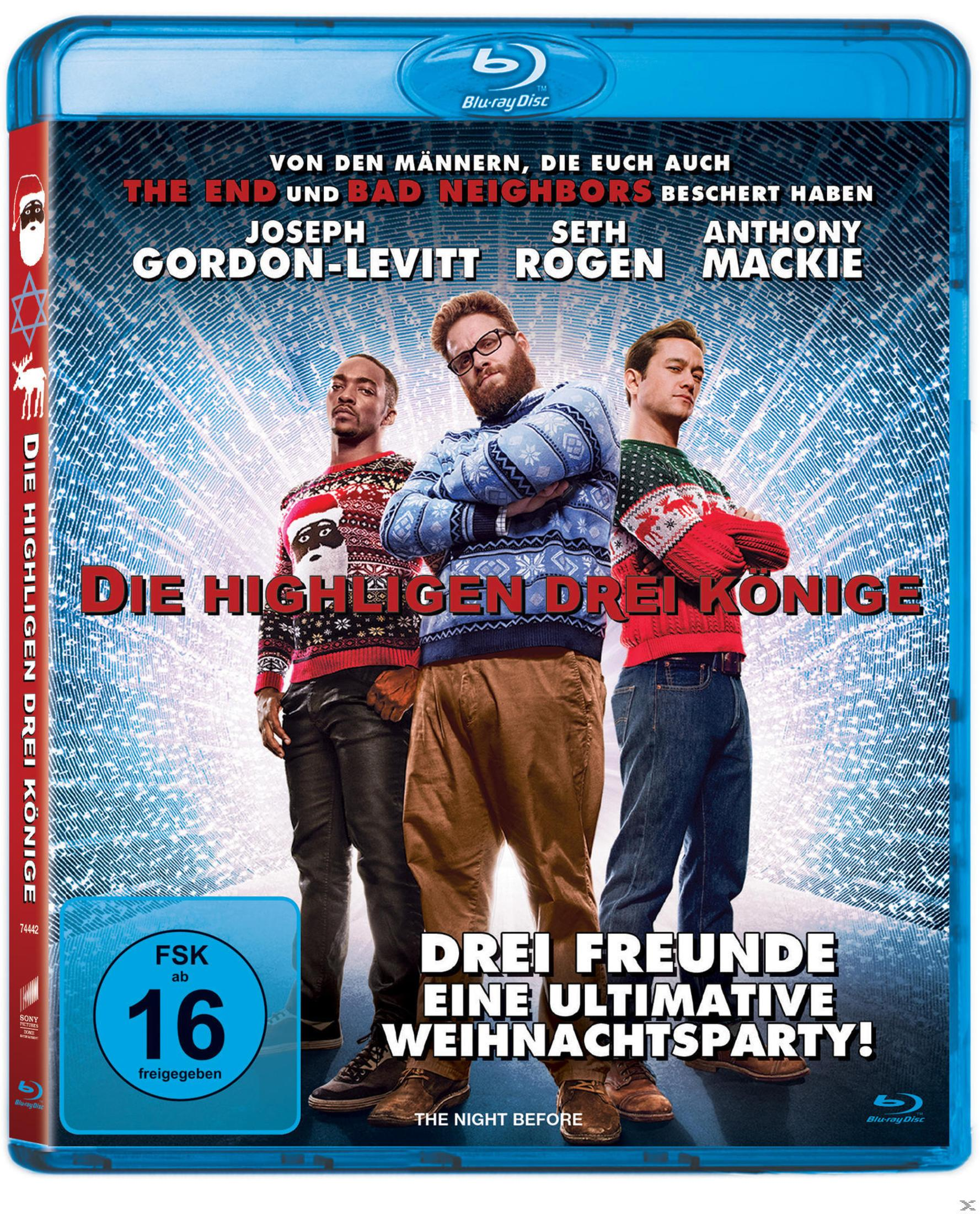 Filmposter mit drei Männern in Pullovern, Text oben und unten, auf blauem Hintergrund.