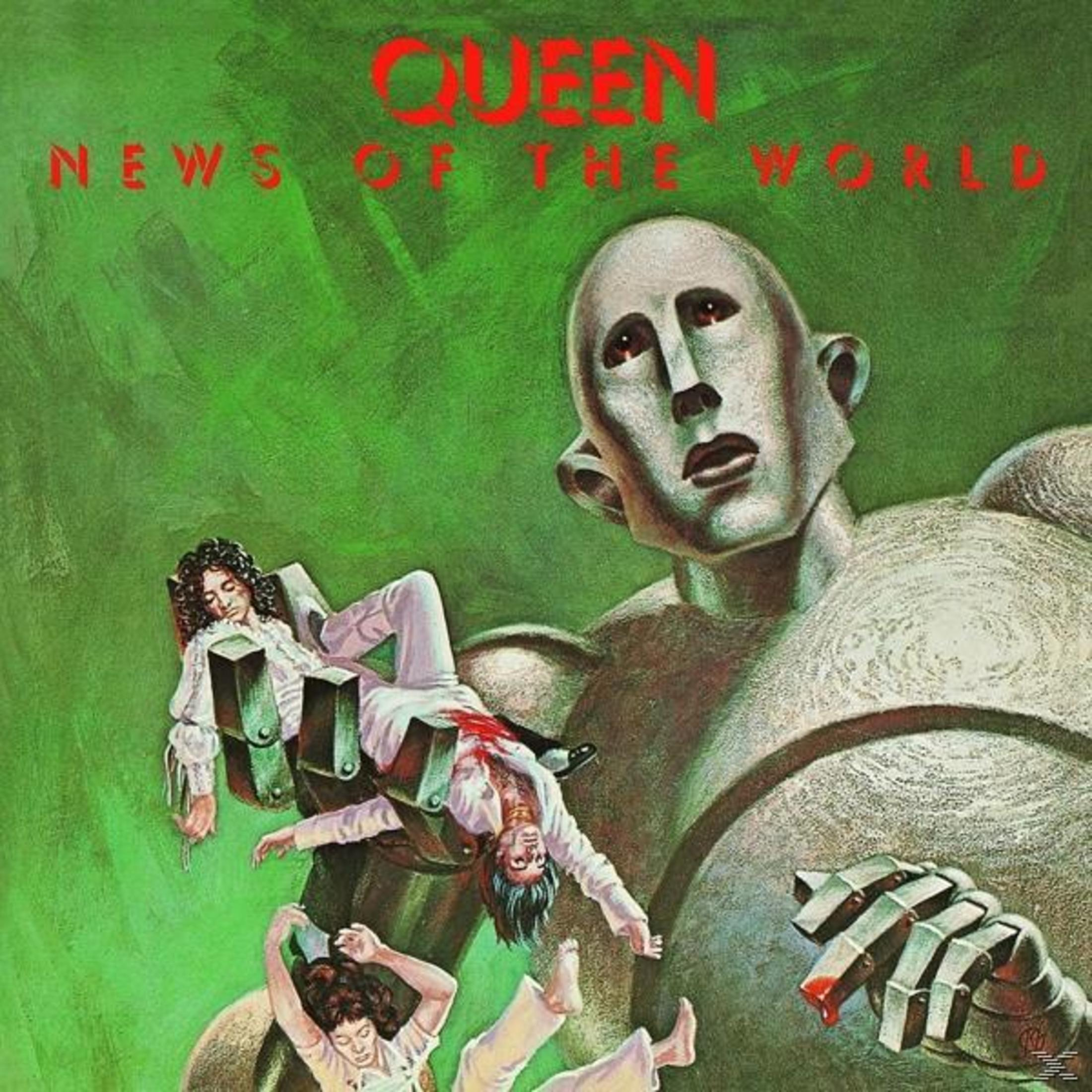 Okładka albumu: album Queen, gigantyczny robot trzyma dwie osoby. Zielone tło, tytuł albumu: News of the World.