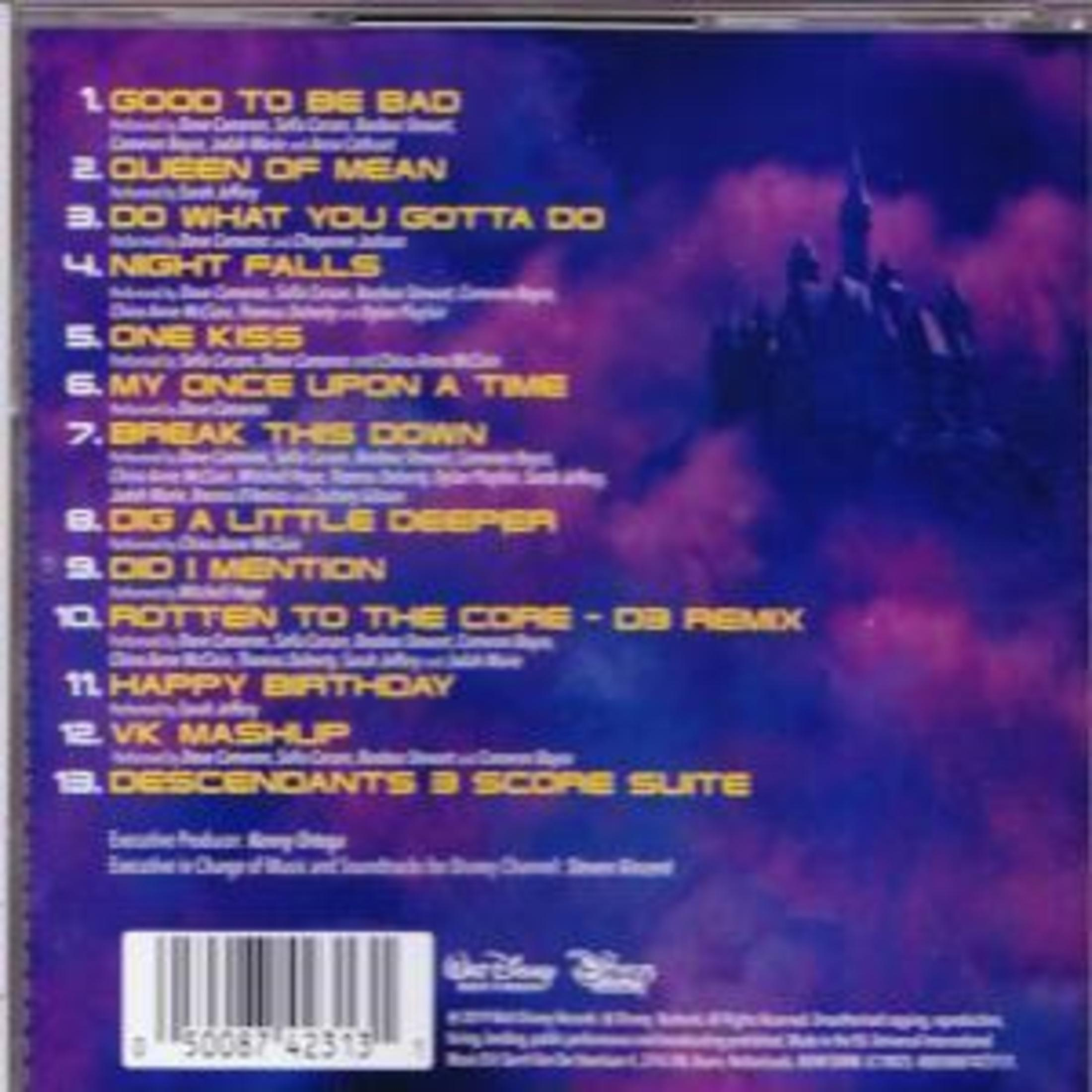 Dos de l'album avec liste des titres. Fond violet et bleu, silhouette de château.