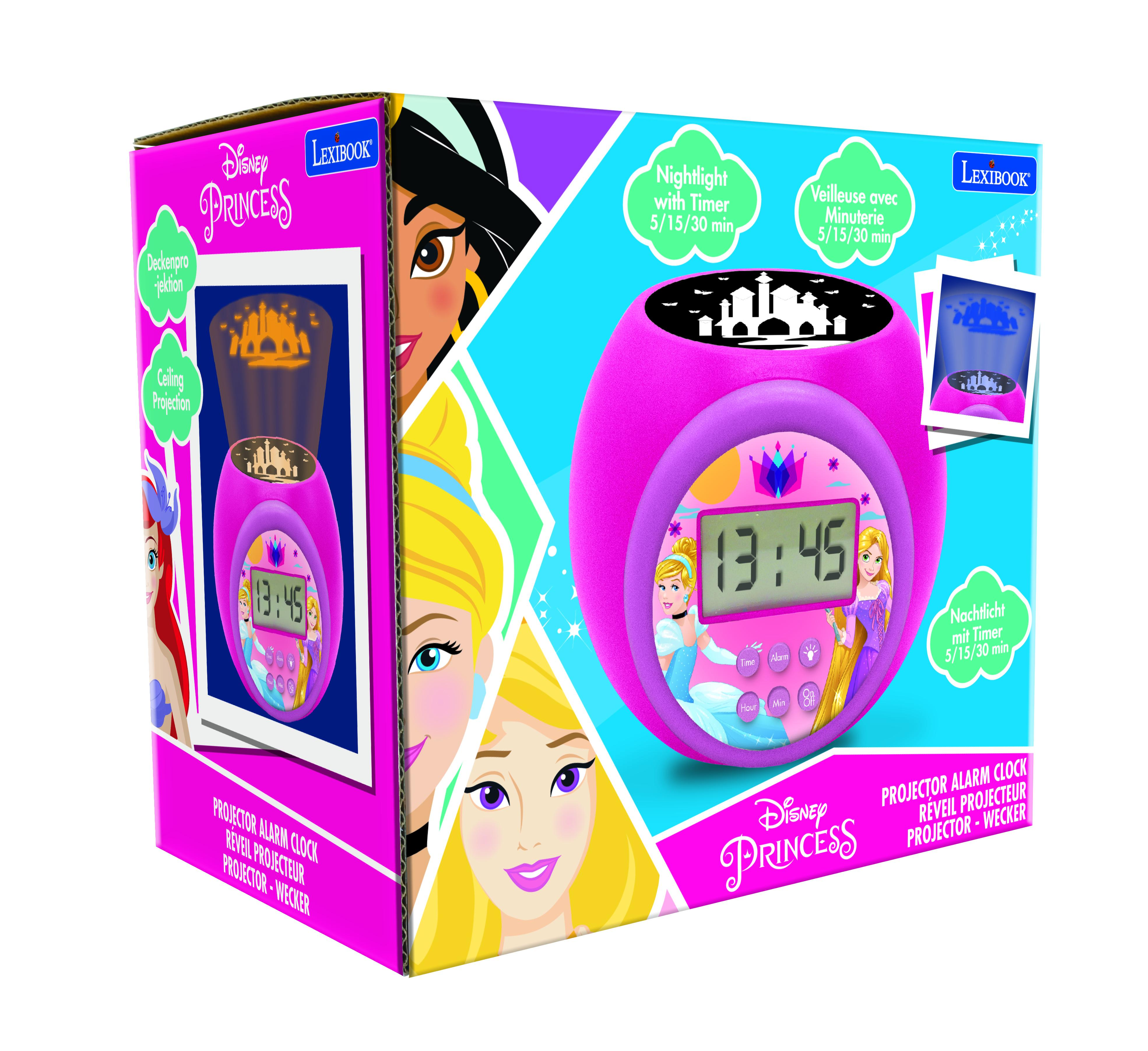 Scatola della sveglia Disney Princess. L'orologio rosa mostra l'ora. Principesse sulla scatola.