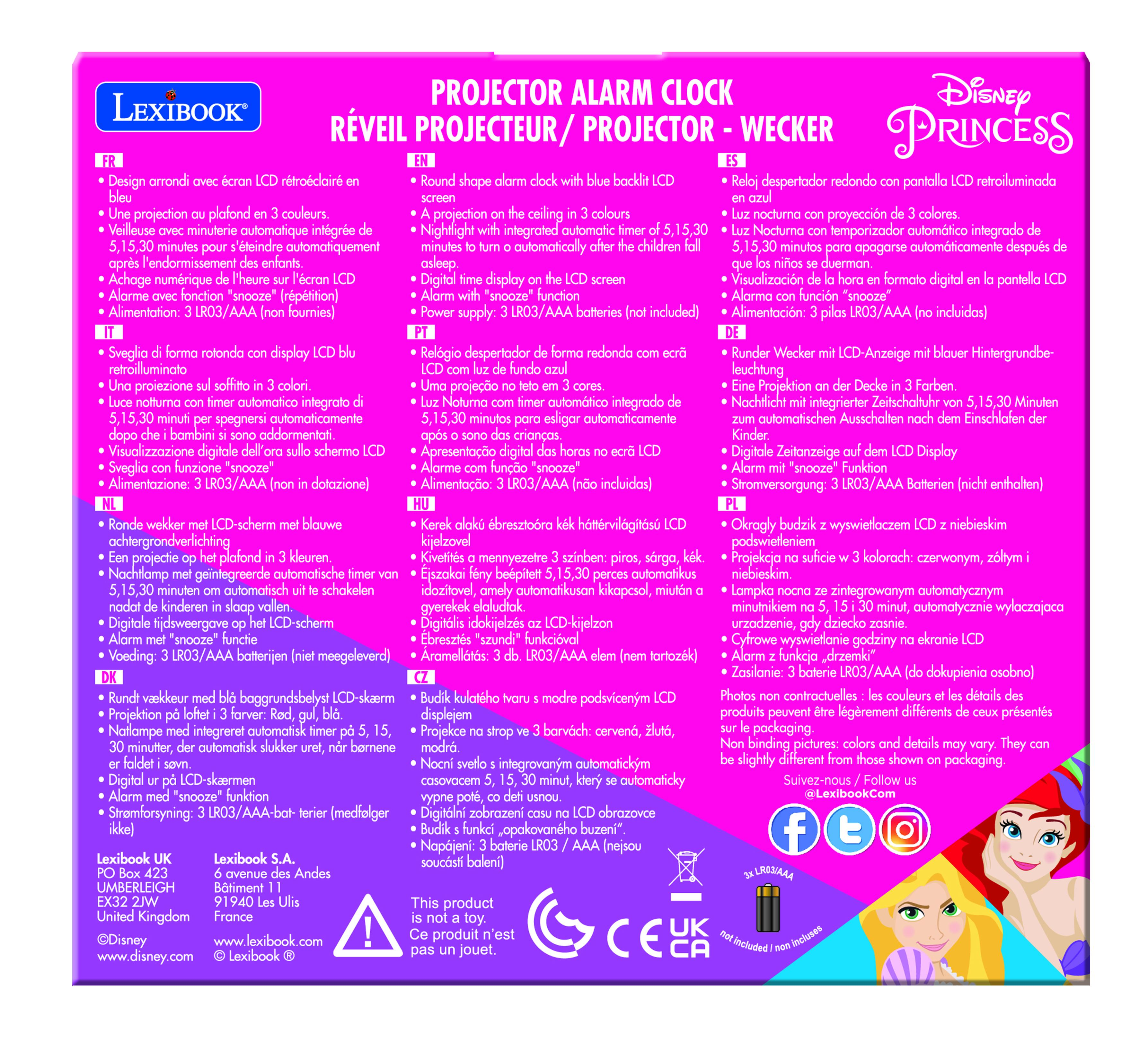 Scatola con testo in più lingue. Il prodotto è una sveglia proiettore Disney Princess.