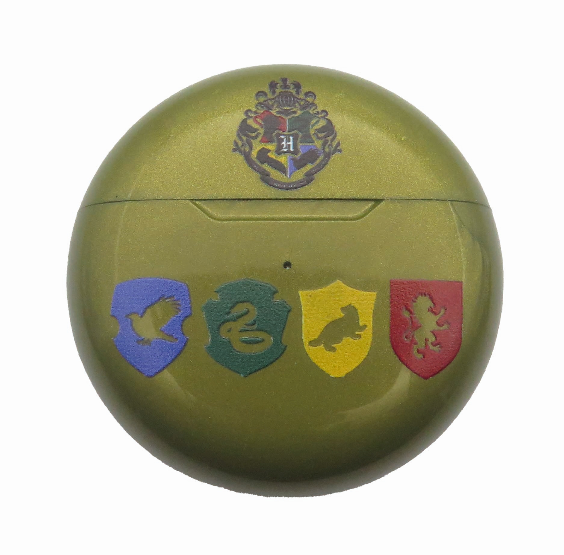 Custodia circolare verde con quattro stemmi delle case di Harry Potter.