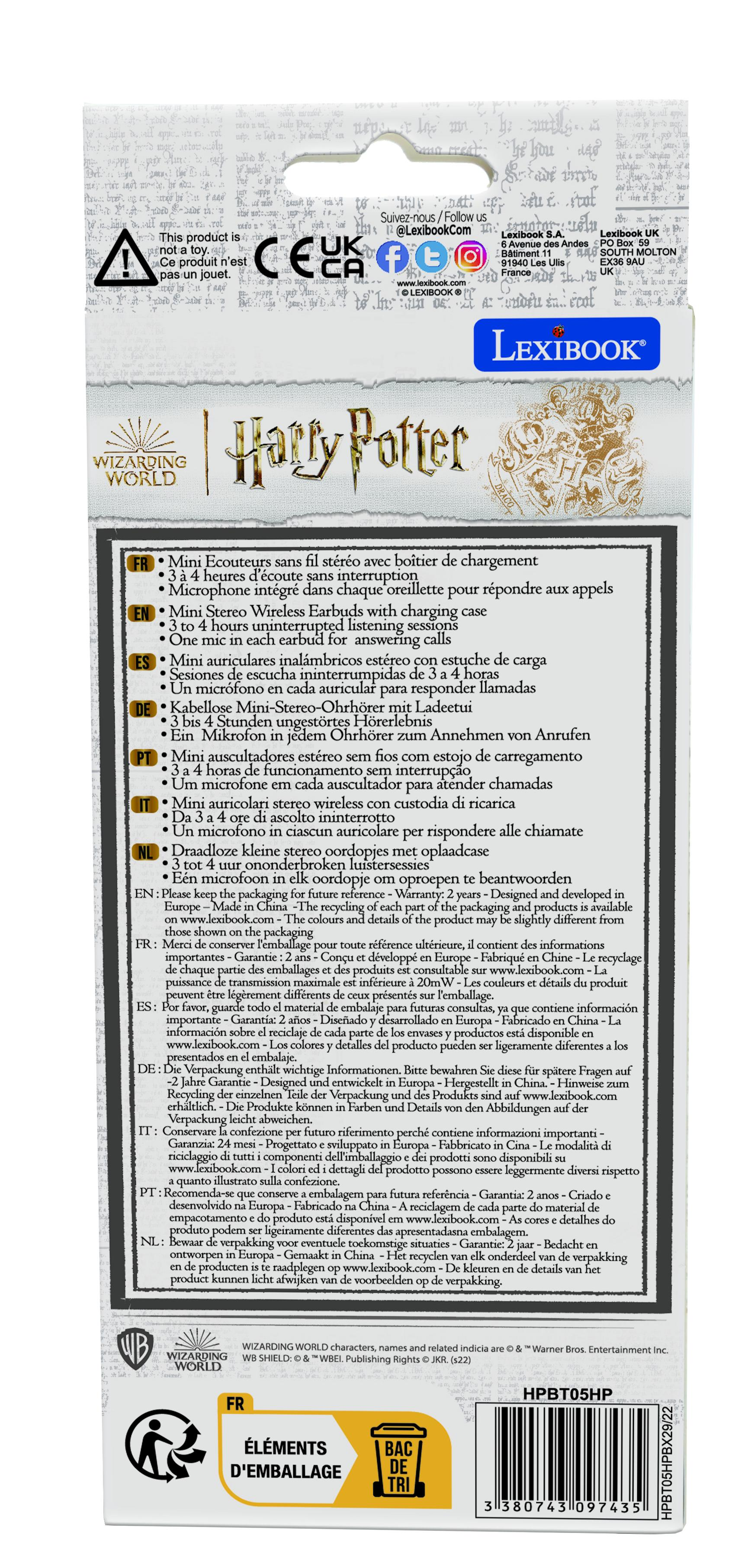 Confezione delle cuffie di Harry Potter. Testo e immagini stampati su cartone bianco.