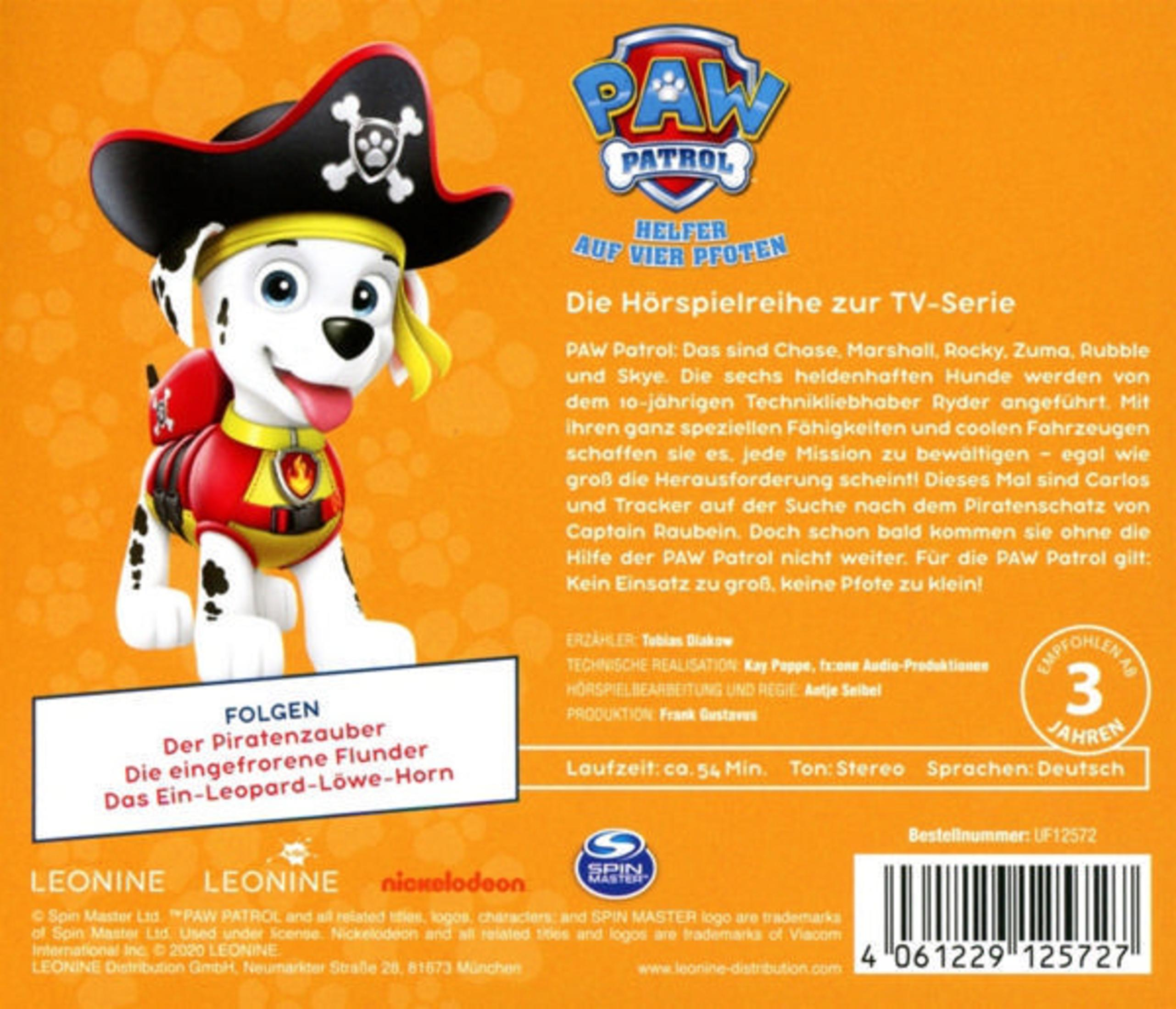 Marshall aus Paw Patrol in Piratenkleidung vor orangefarbenem Hintergrund mit Text.