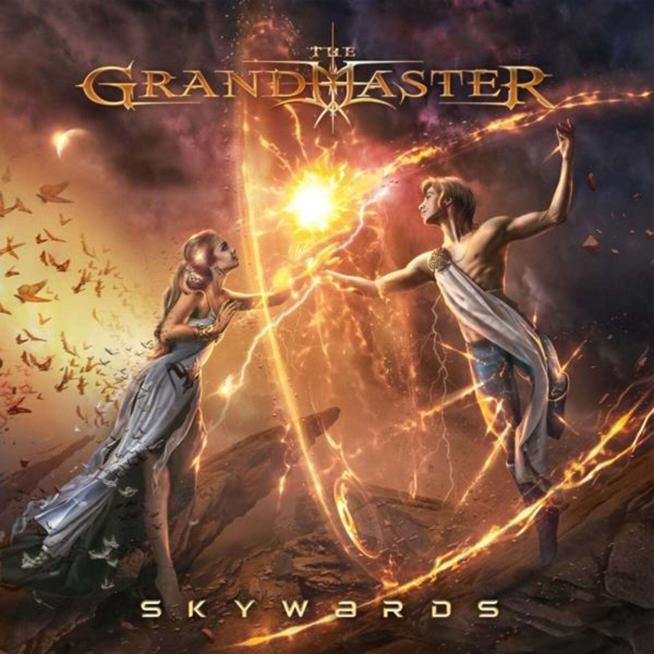 Albumhoes. Twee figuren, een vrouw en een man, tegenover elkaar, met een helder licht ertussen. Titel: Skywards.