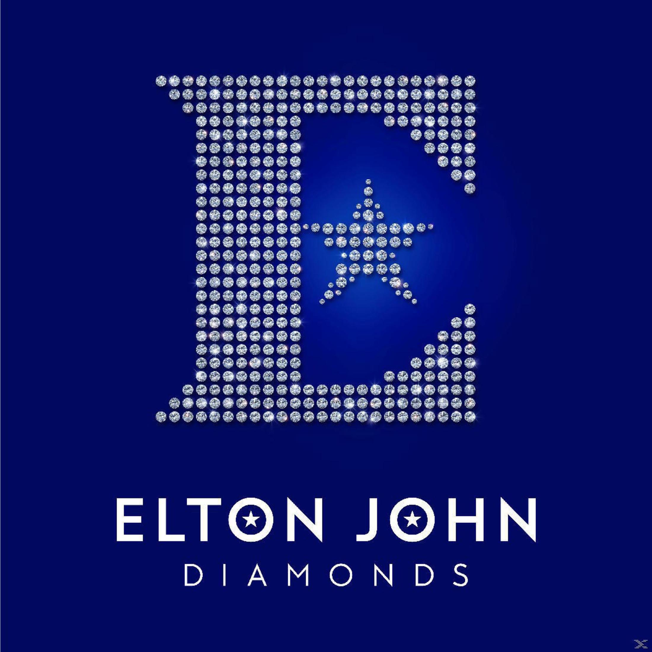 Copertina dell'album con la lettera 'E' tempestata di diamanti e una stella. 'Elton John Diamonds' scritto sotto su sfondo blu.