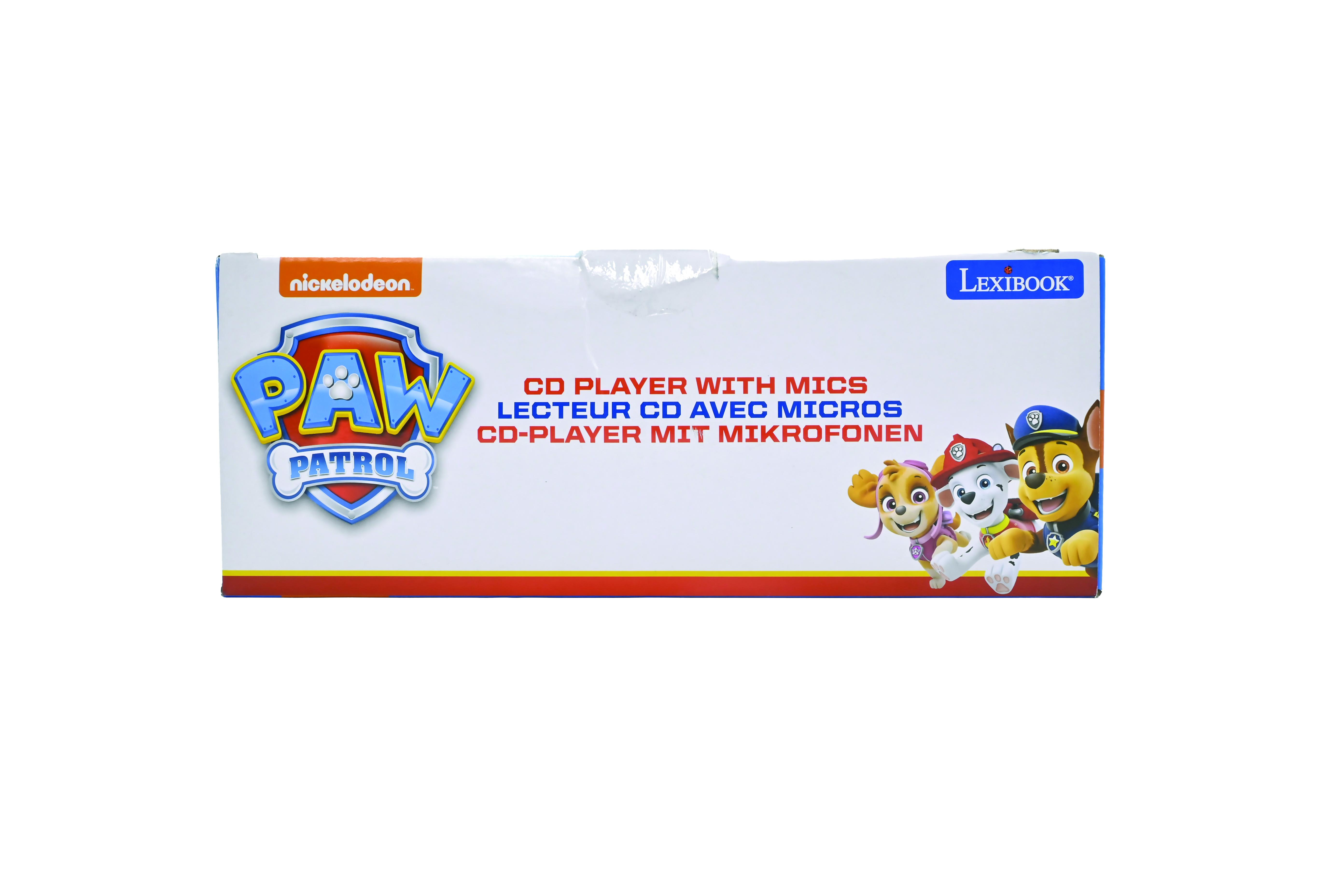Pudełko z odtwarzaczem CD PAW Patrol, z odtwarzaczem CD z mikrofonami, białe tło.