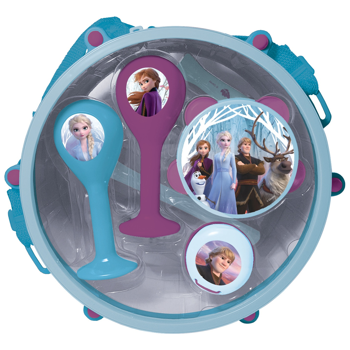 Frozen-Spielzeugset mit Figuren und Musikinstrumenten in einem blauen Tragekoffer. Anna, Elsa und Kristoff.