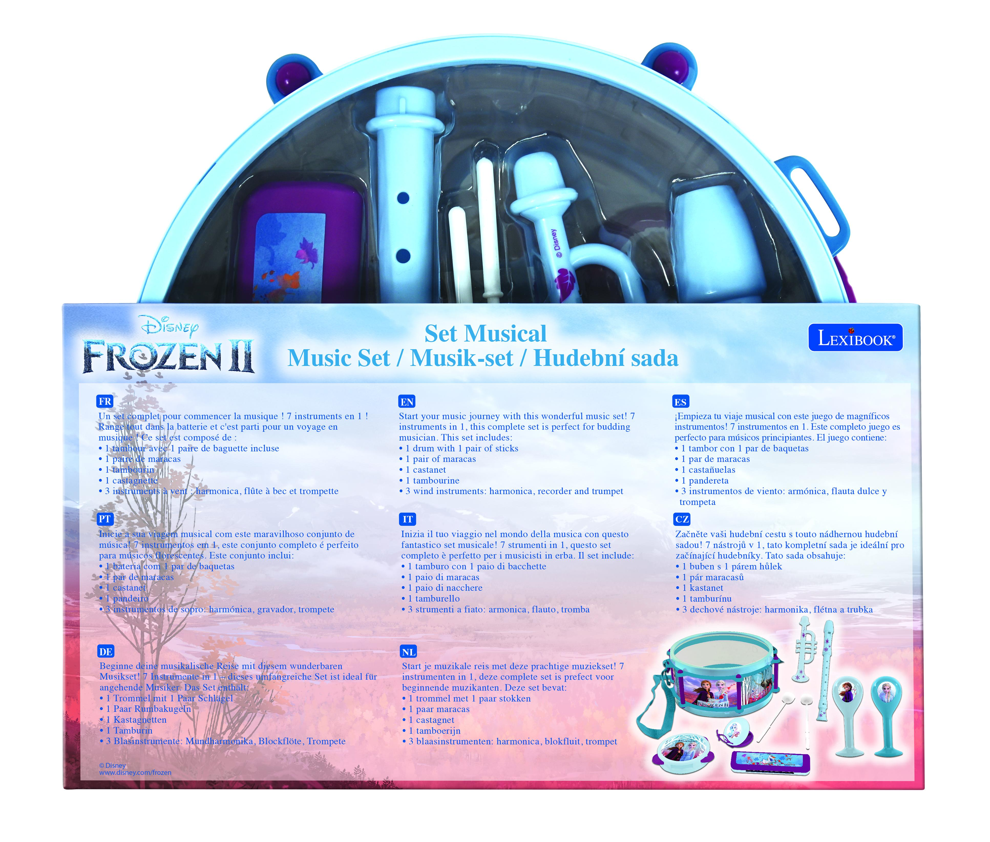 Eine Musik-Set-Box mit vielen Musikinstrumenten und Texten in verschiedenen Sprachen, darunter Englisch.