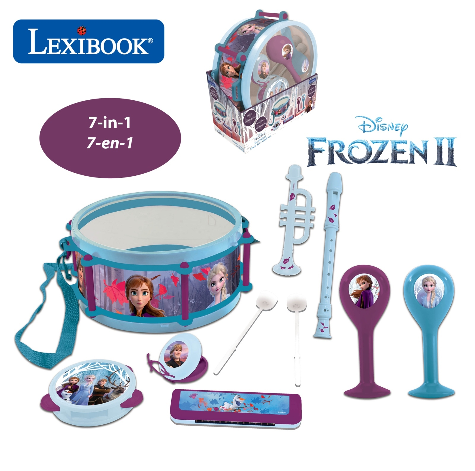 Frozen 2 Musikspielzeug-Set. Enthält Trommel, Flöten, Tamburin und Frozen-Charaktere.