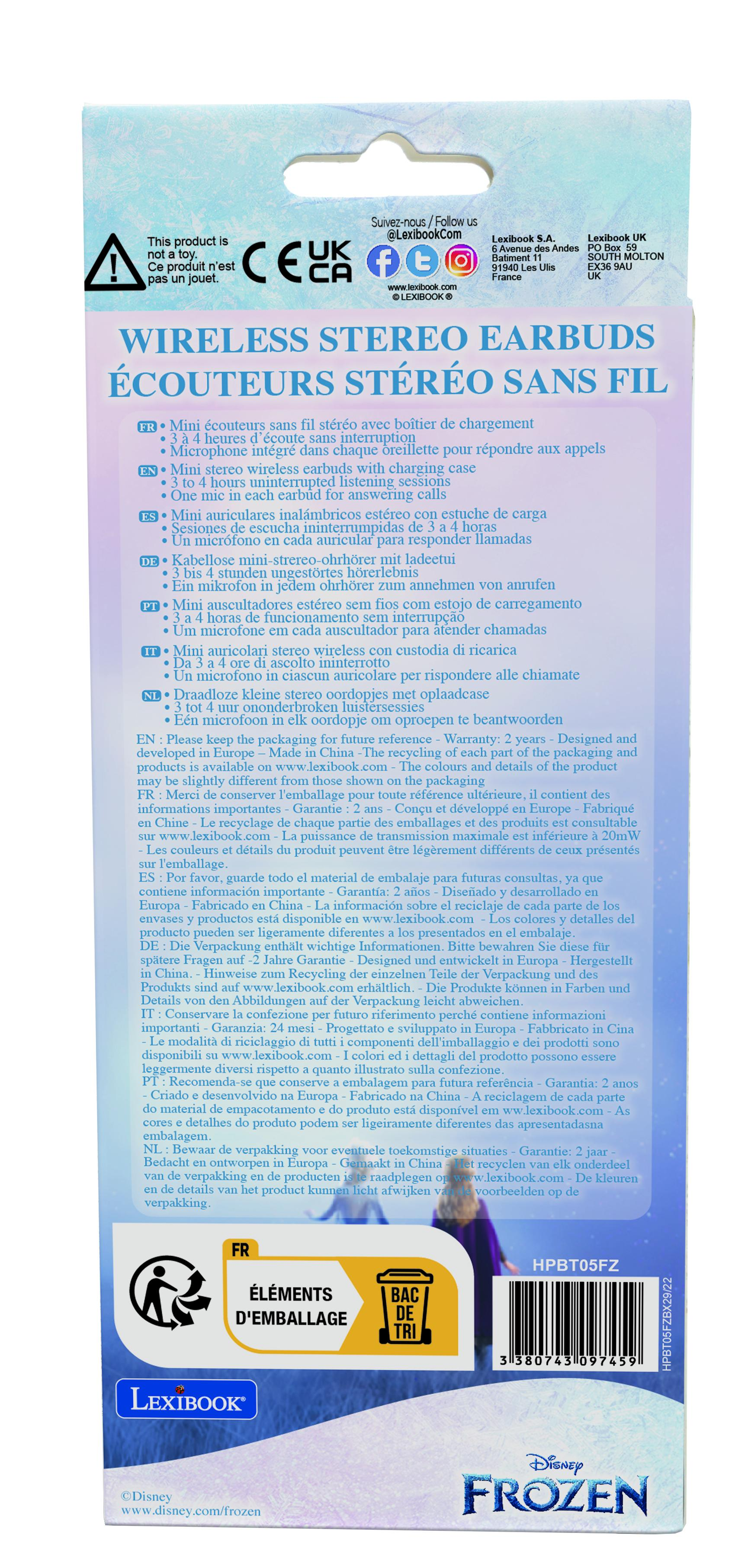 Parte posterior de un paquete de auriculares estéreo inalámbricos. Texto multilingüe y gráfico.