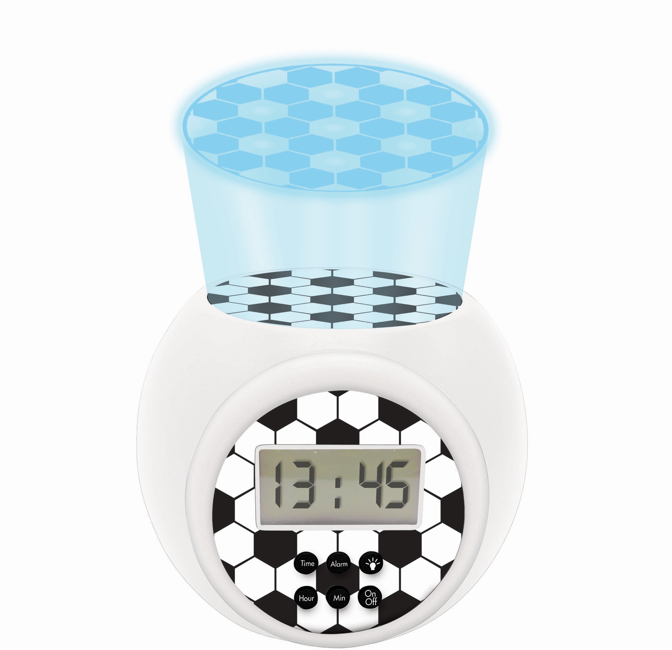 Reloj despertador blanco con tema de fútbol. Luz azul hexagonal flotando sobre él.