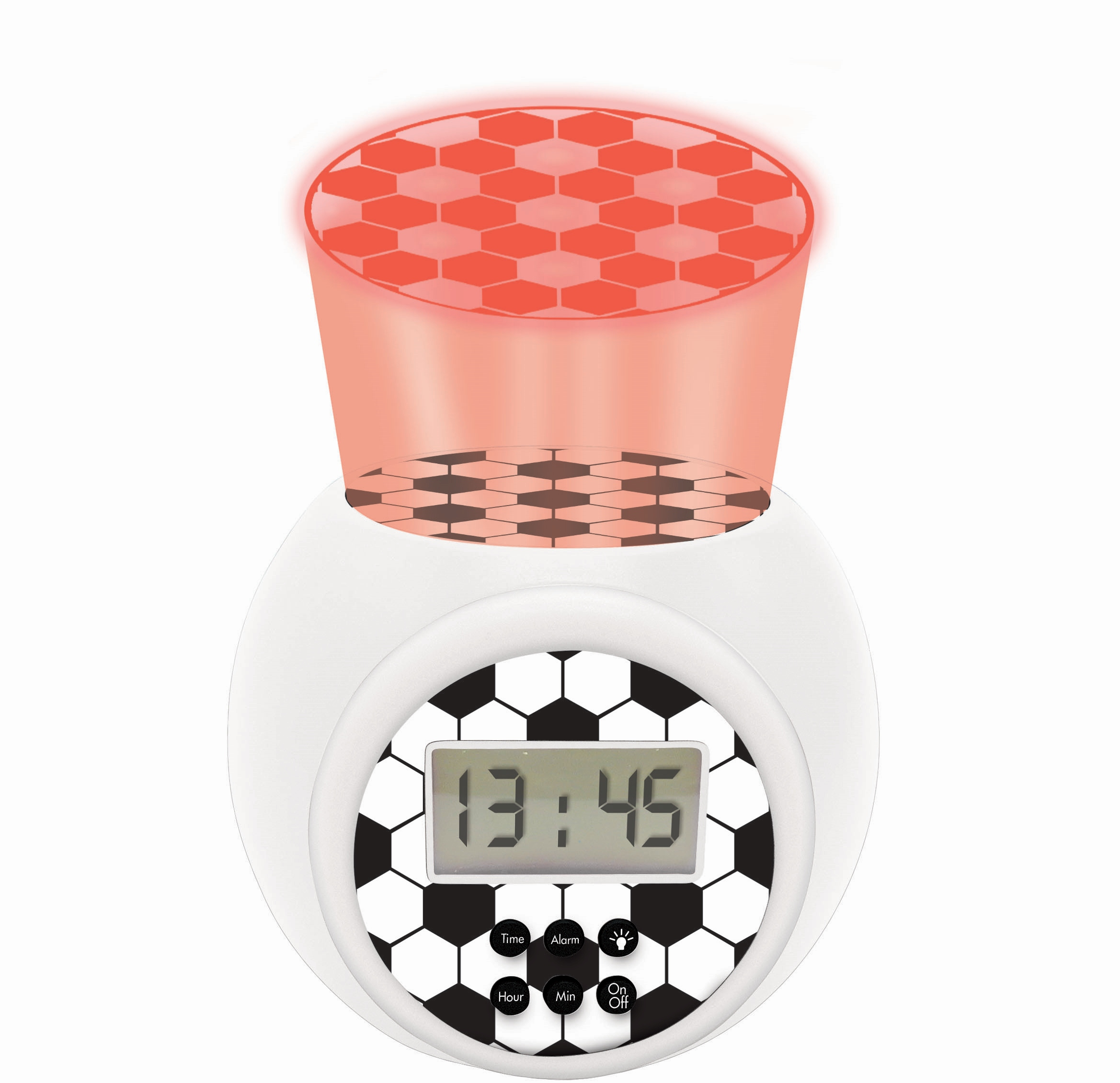 Despertador con forma de balón de fútbol con pantalla digital y proyección de luz hexagonal roja.