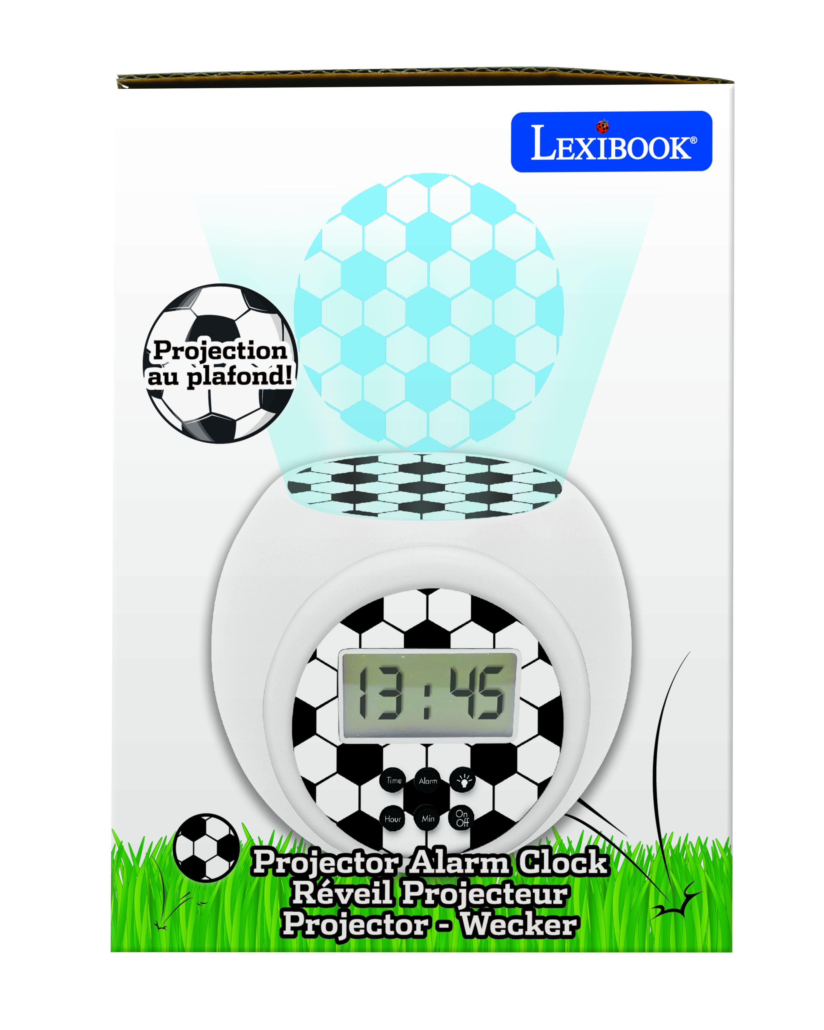 Despertador con diseño de balón de fútbol con pantalla digital.