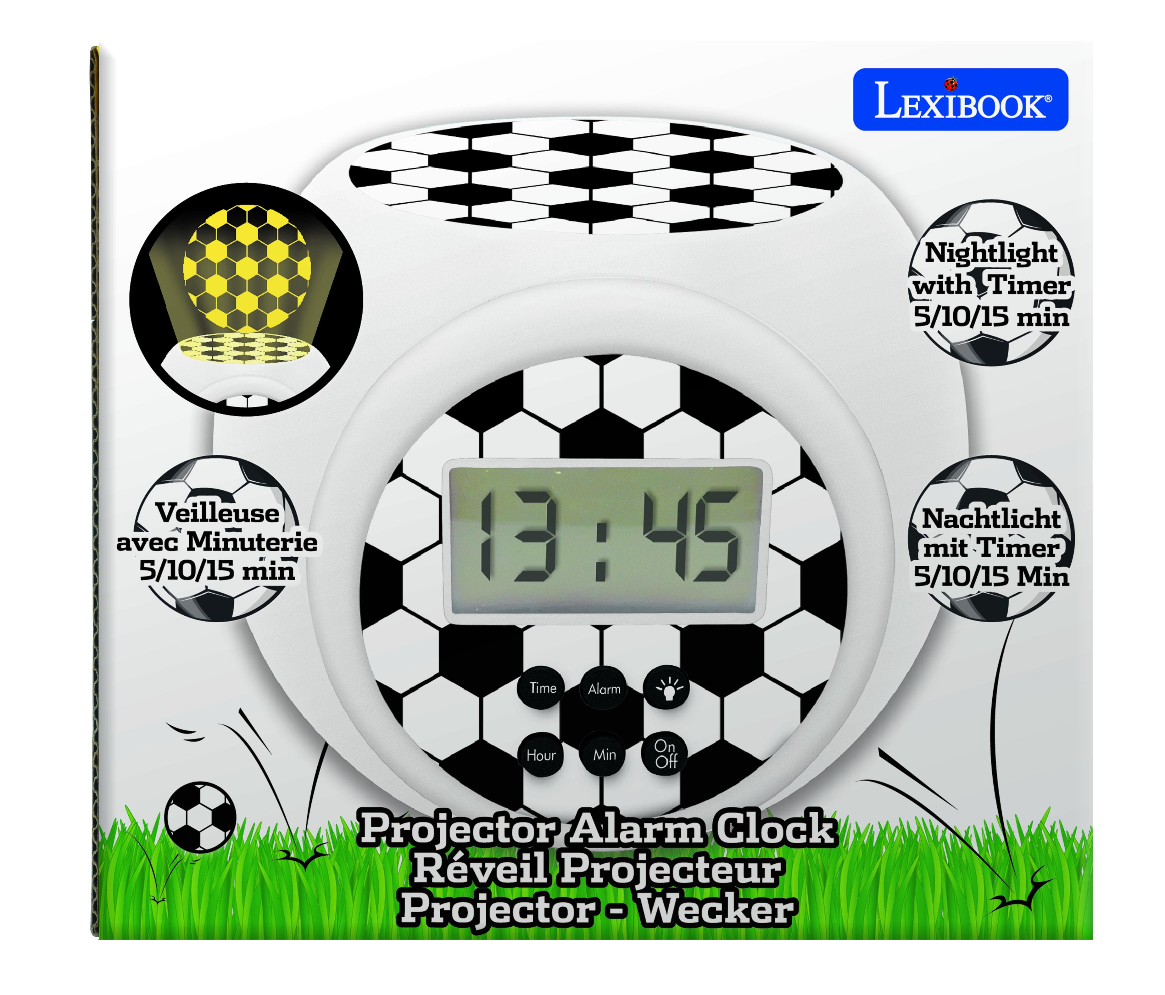 Reloj despertador temático de balón de fútbol con pantalla digital e iconos.