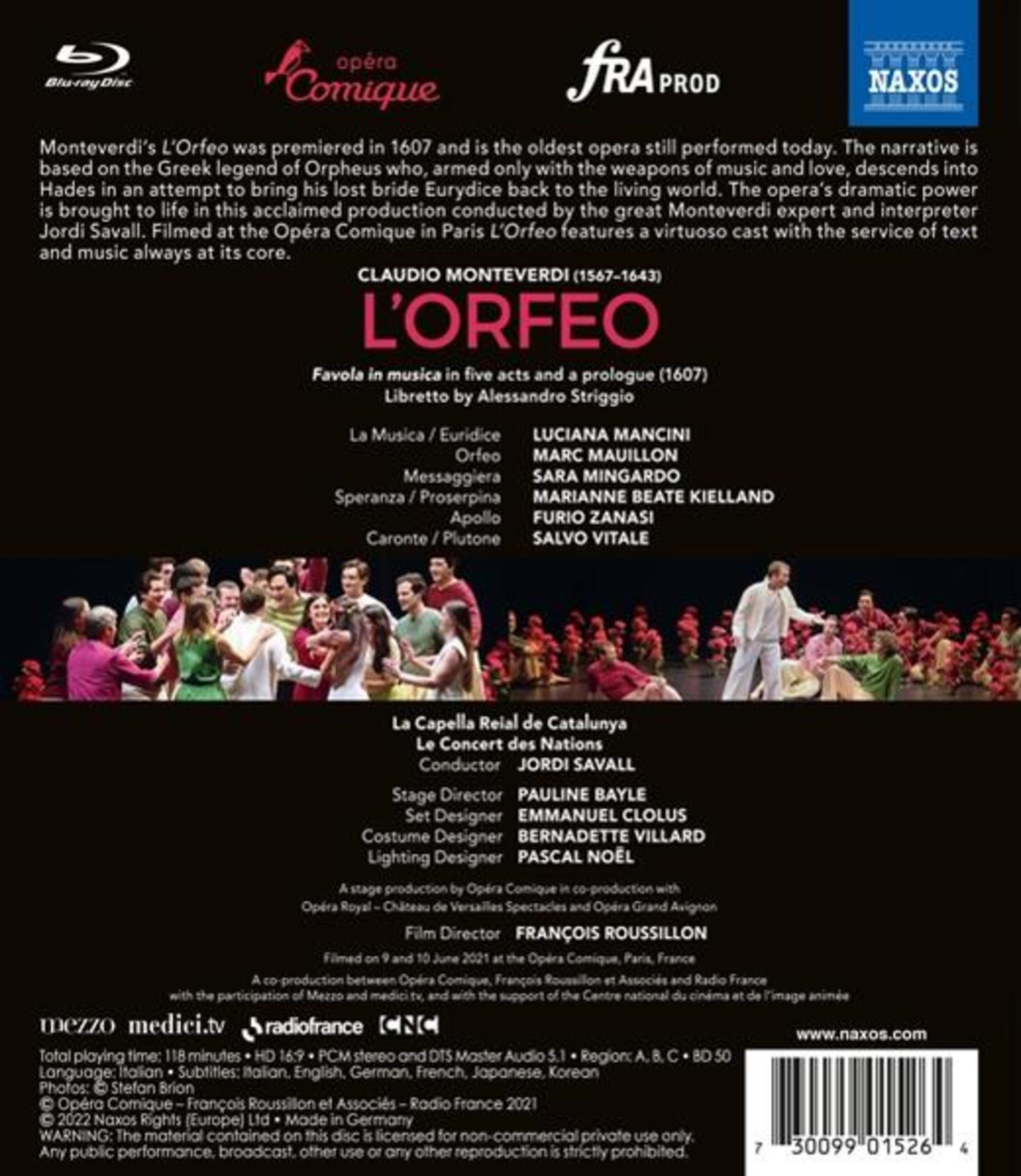 DVD cover for L'Orfeo, opera by Monteverdi. Features text, cast, and credits against a dark background.