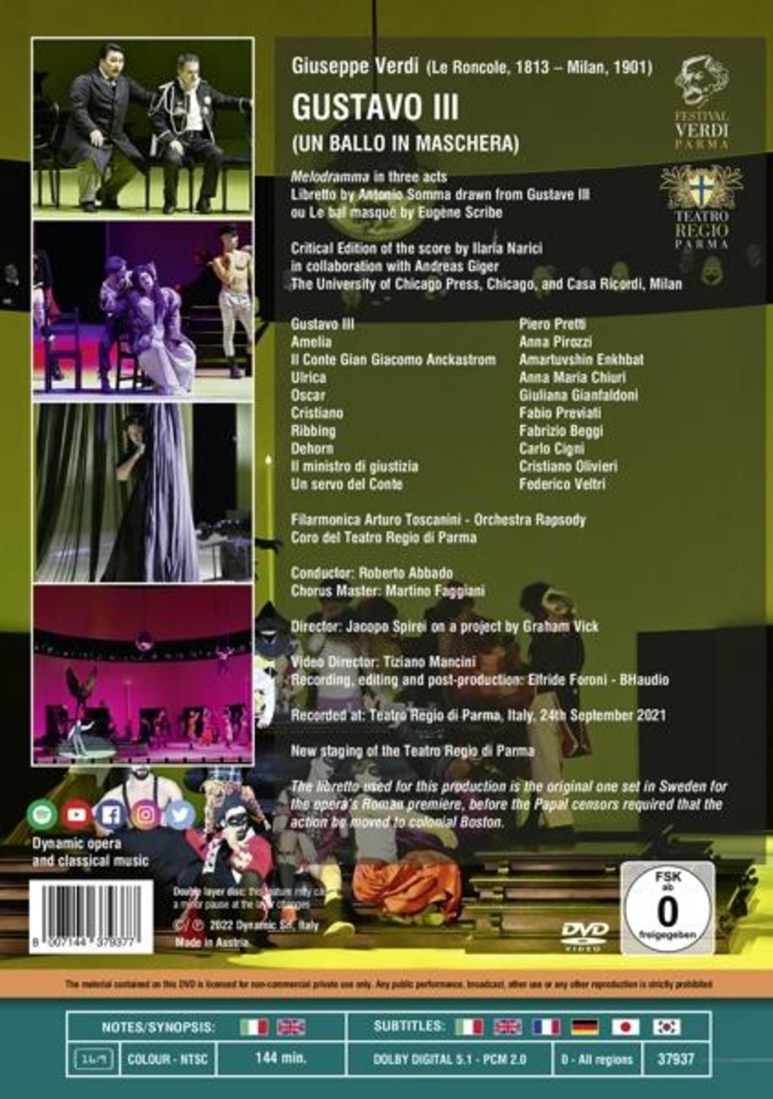 DVD-hoes voor Verdi's opera Gustavo III. Bevat tekst, cast en toneelbeelden. Donkere achtergrond.
