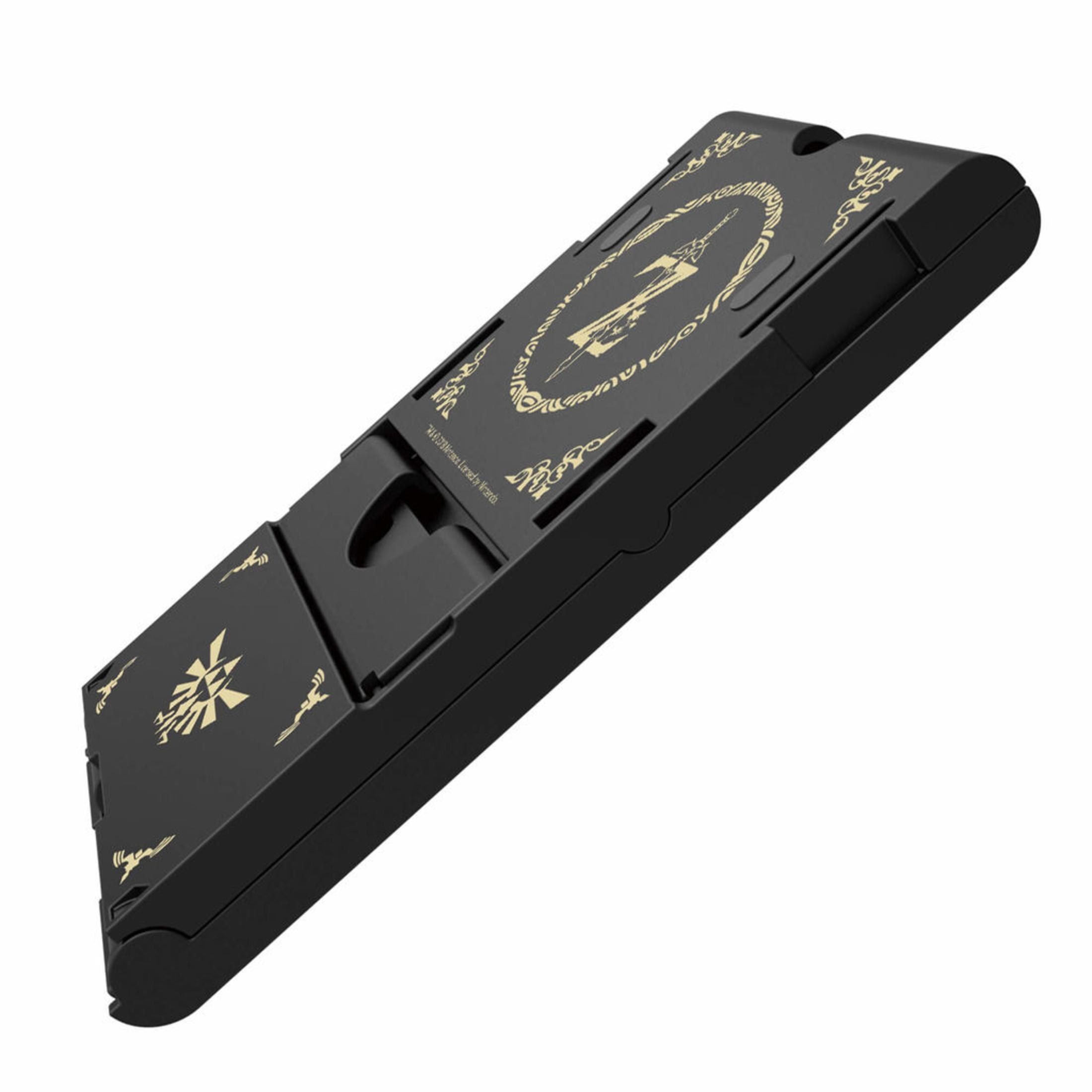 Schwarzer Nintendo Switch Ständer mit goldenen Details. Gefaltet.