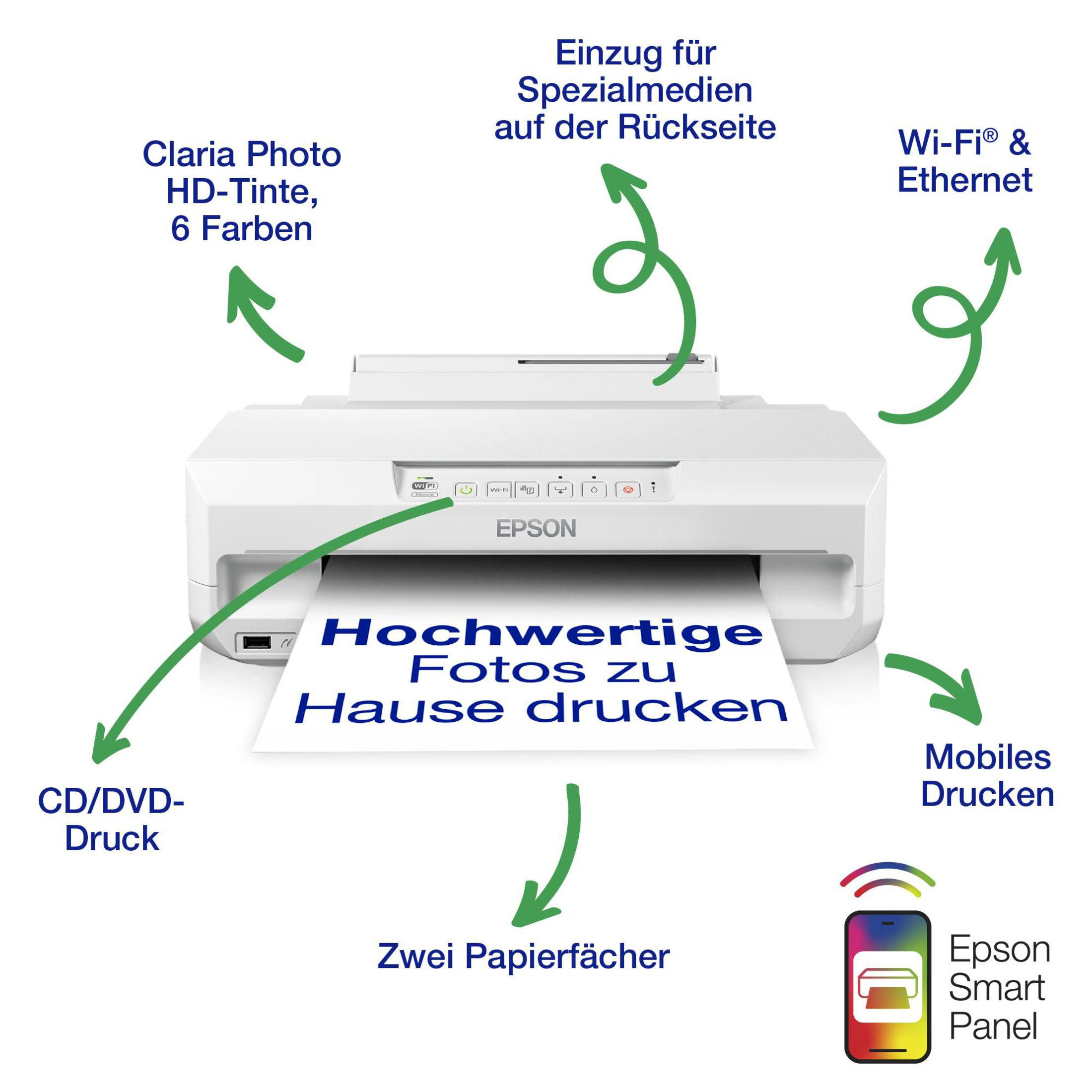 Biała drukarka Epson ze strzałkami wskazującymi funkcje Wi-Fi, CD/DVD i drukowanie mobilne.