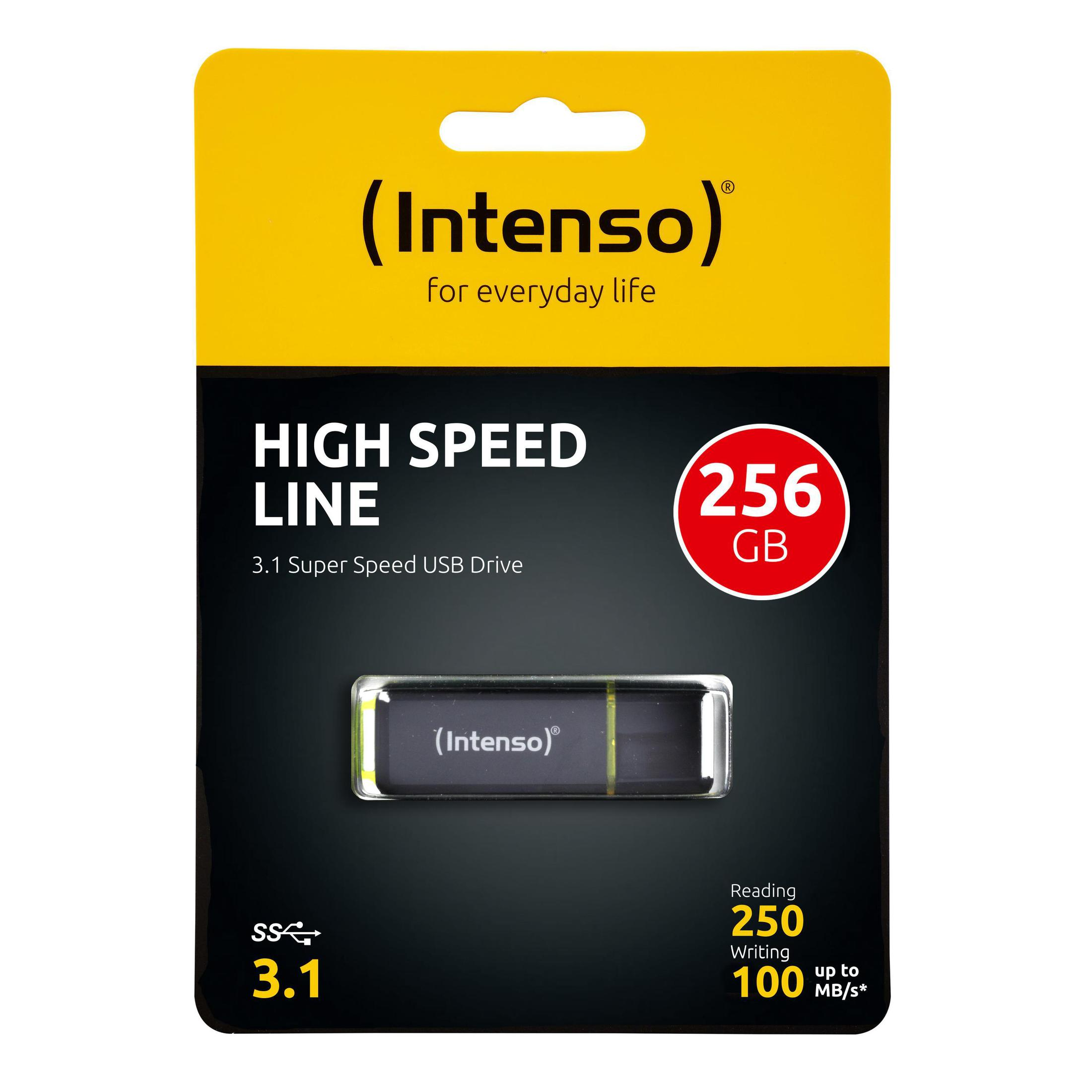 Confezione chiavetta USB con testo: HIGH SPEED LINE, 256 GB, e design nero e giallo.