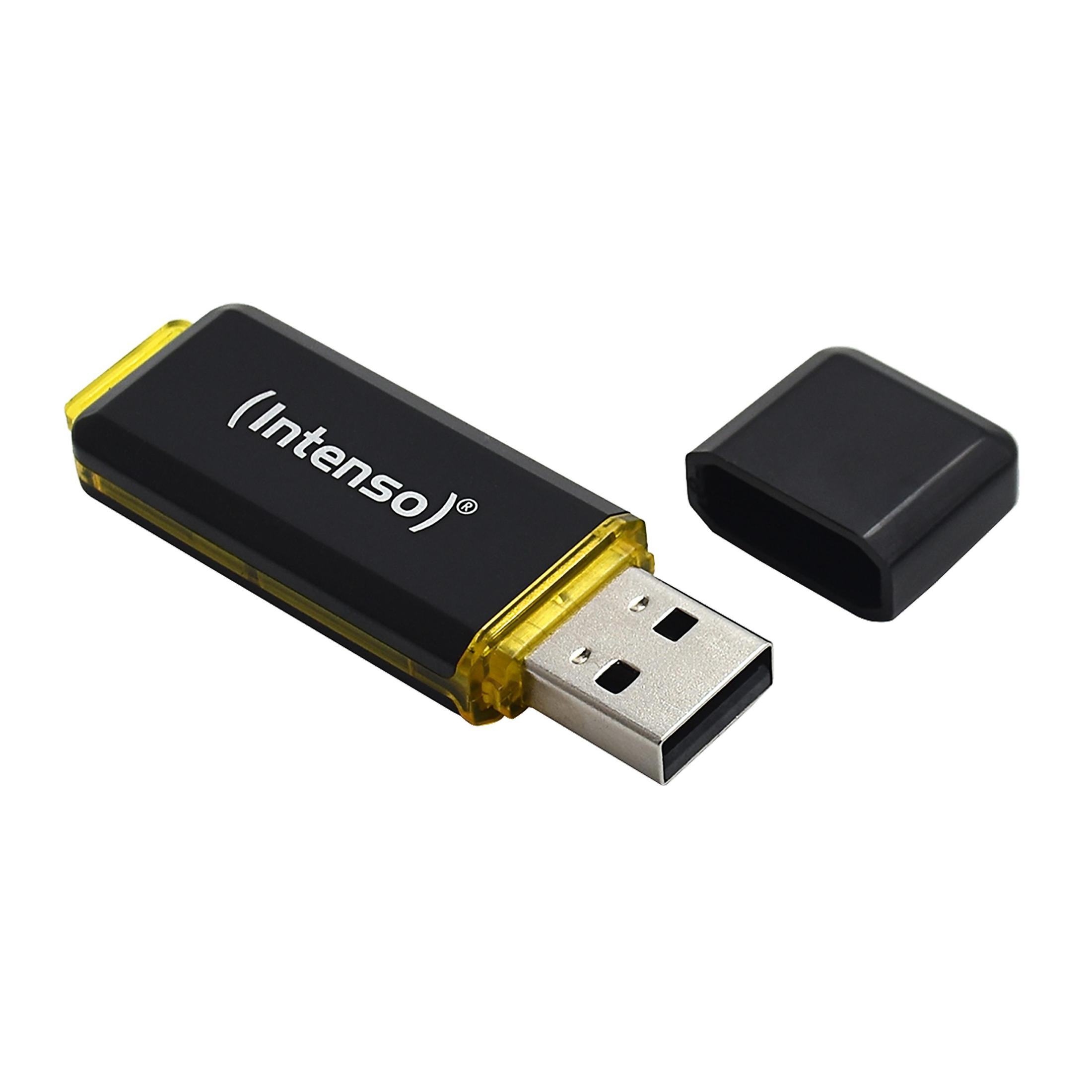 Una chiavetta USB nera e gialla con il logo 'Intenso'. Un cappuccio staccato è accanto.
