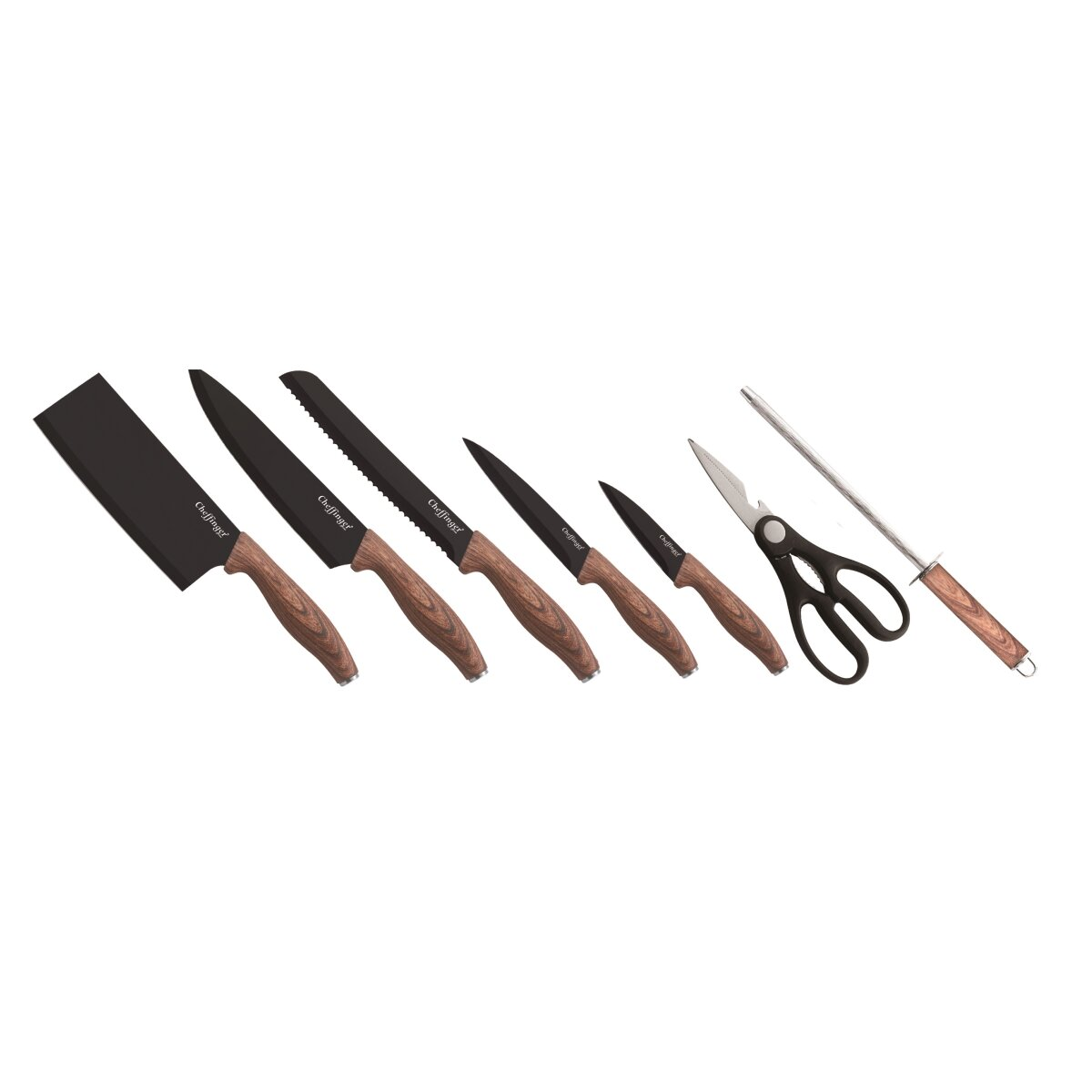 Küchenmesser-Set mit Holzgriffen und schwarzen Klingen. Enthält Schere und Stahlschärfer.