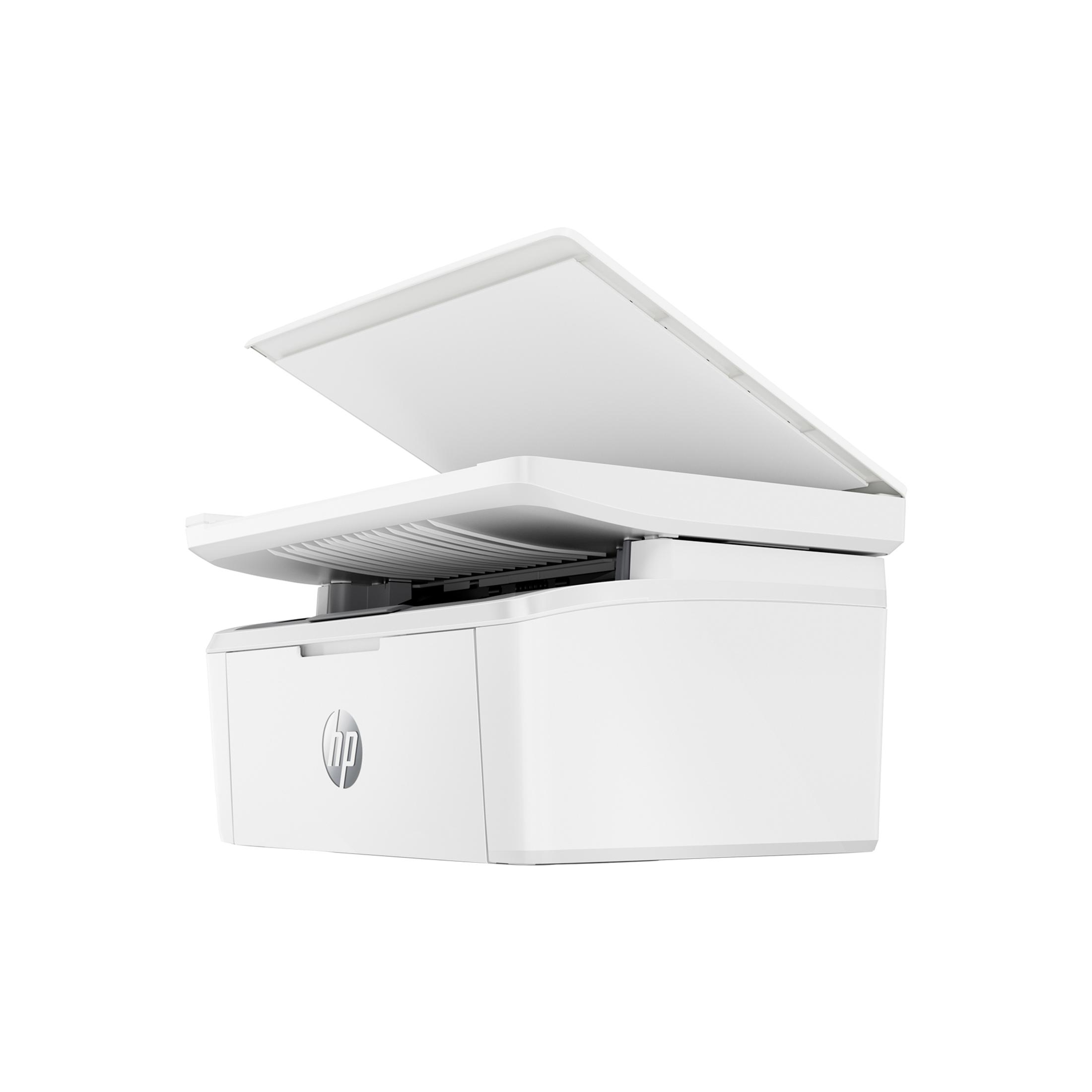 Biała drukarka HP z otwartą górą, pokazująca platformę skanera i logo HP.