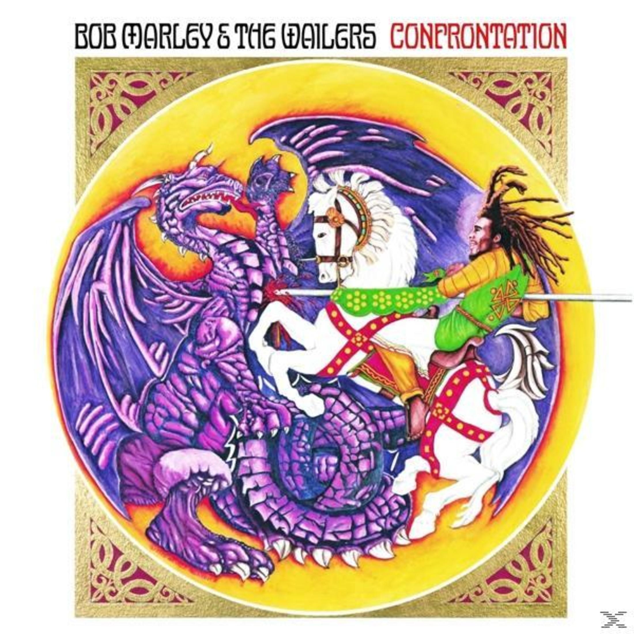 Pochette d'album : Dragon combattant un cavalier, Bob Marley & The Wailers. Cadre doré orné.