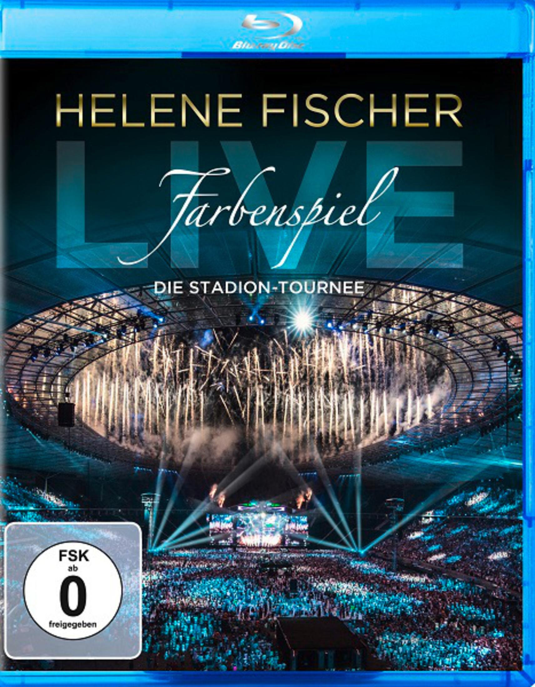 Blu-ray-Cover eines Konzerts mit Publikum und Feuerwerk. Titel: Helene Fischer Live.