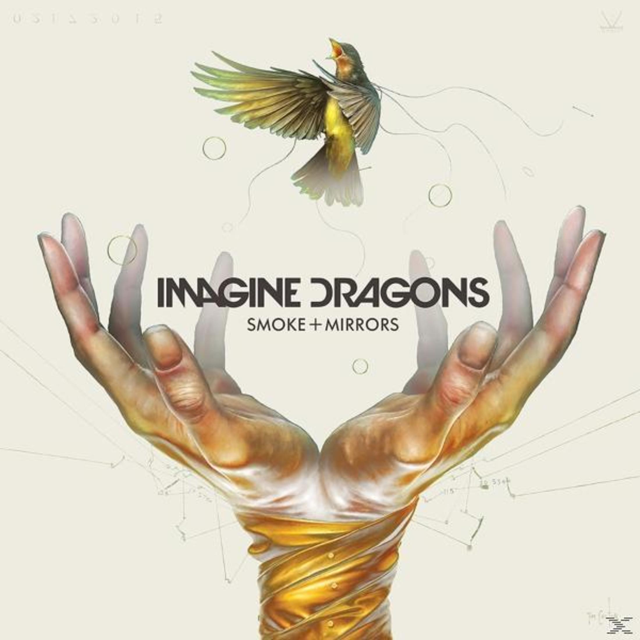 Albumhoes van Imagine Dragons 'Smoke + Mirrors' met handen en vogel.