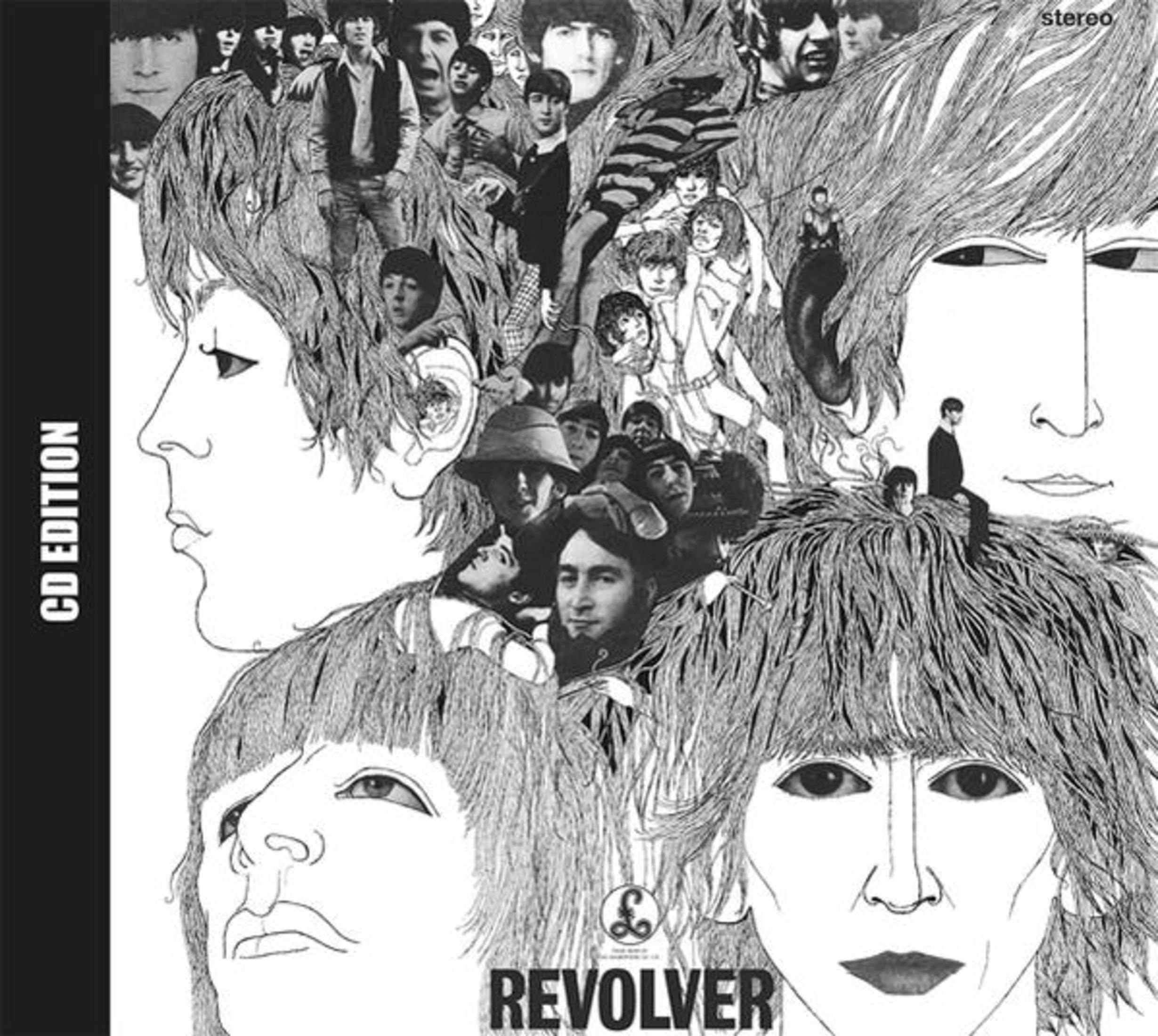 Copertina dell'album con più volti dei Beatles. Bianco e nero con la parola 'Revolver' in basso.