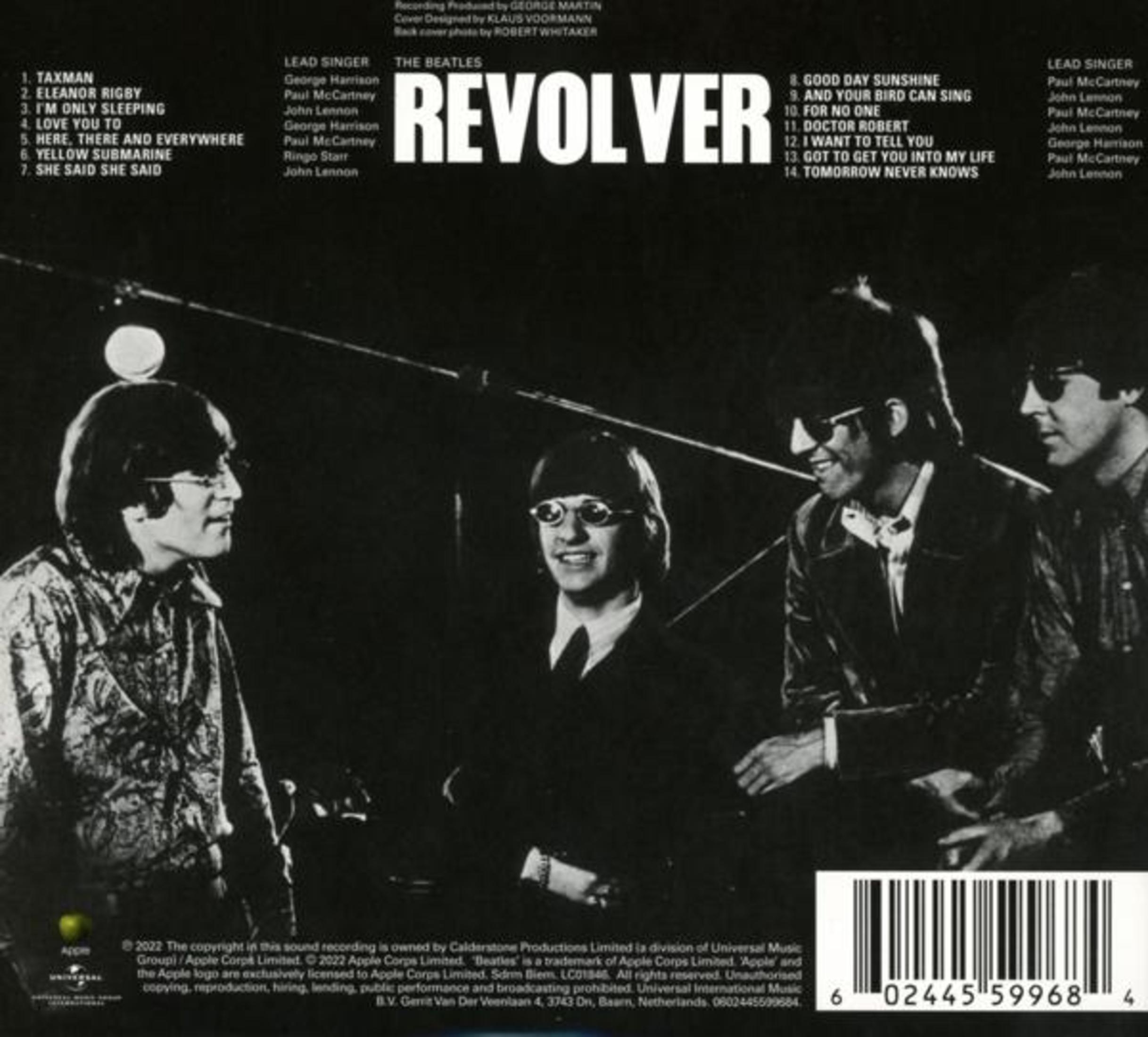 Copertina dell'album 'Revolver' dei Beatles con foto della band e scaletta.