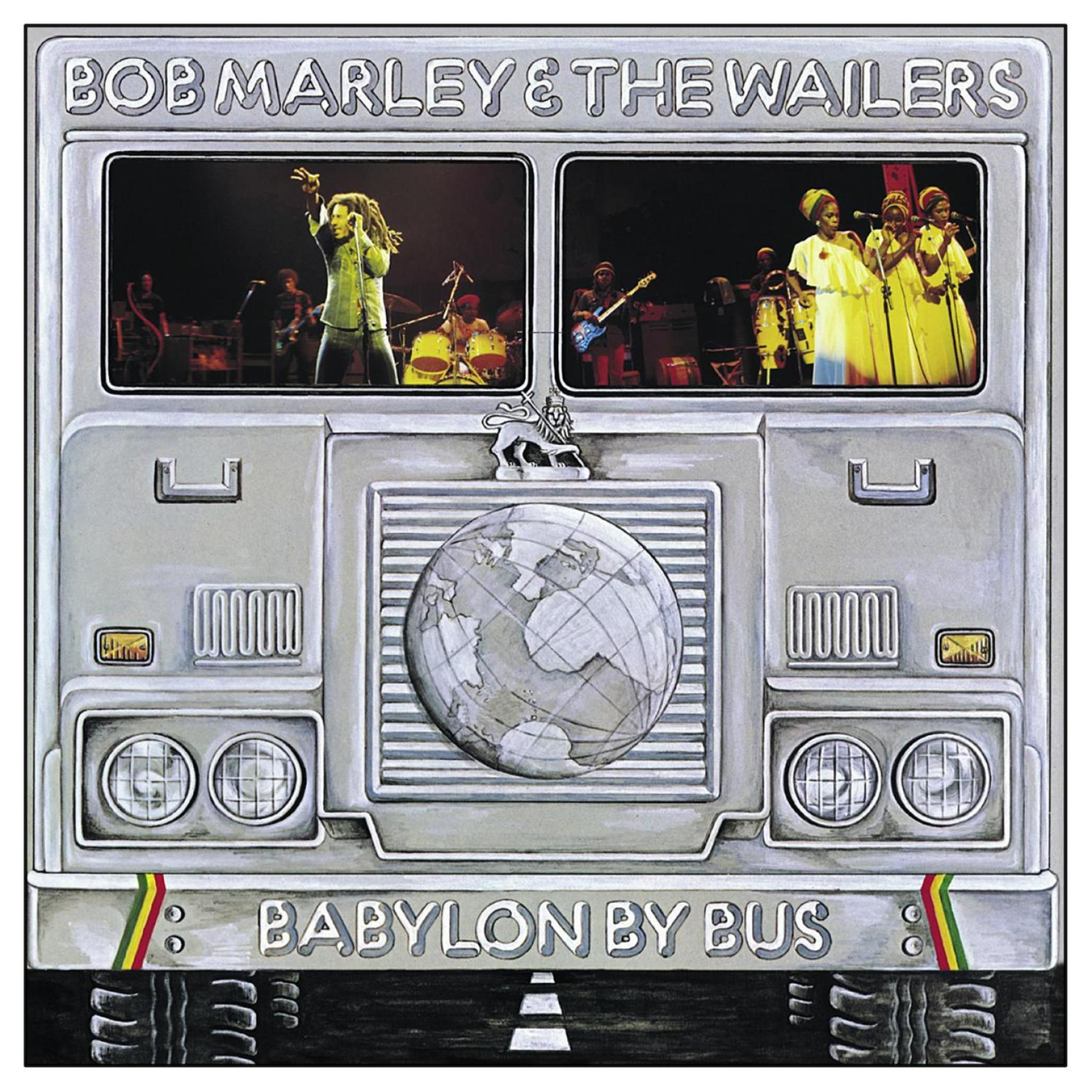 Portada del álbum con un diseño en forma de autobús. El autobús tiene imágenes de Bob Marley actuando. Globo terráqueo al frente.