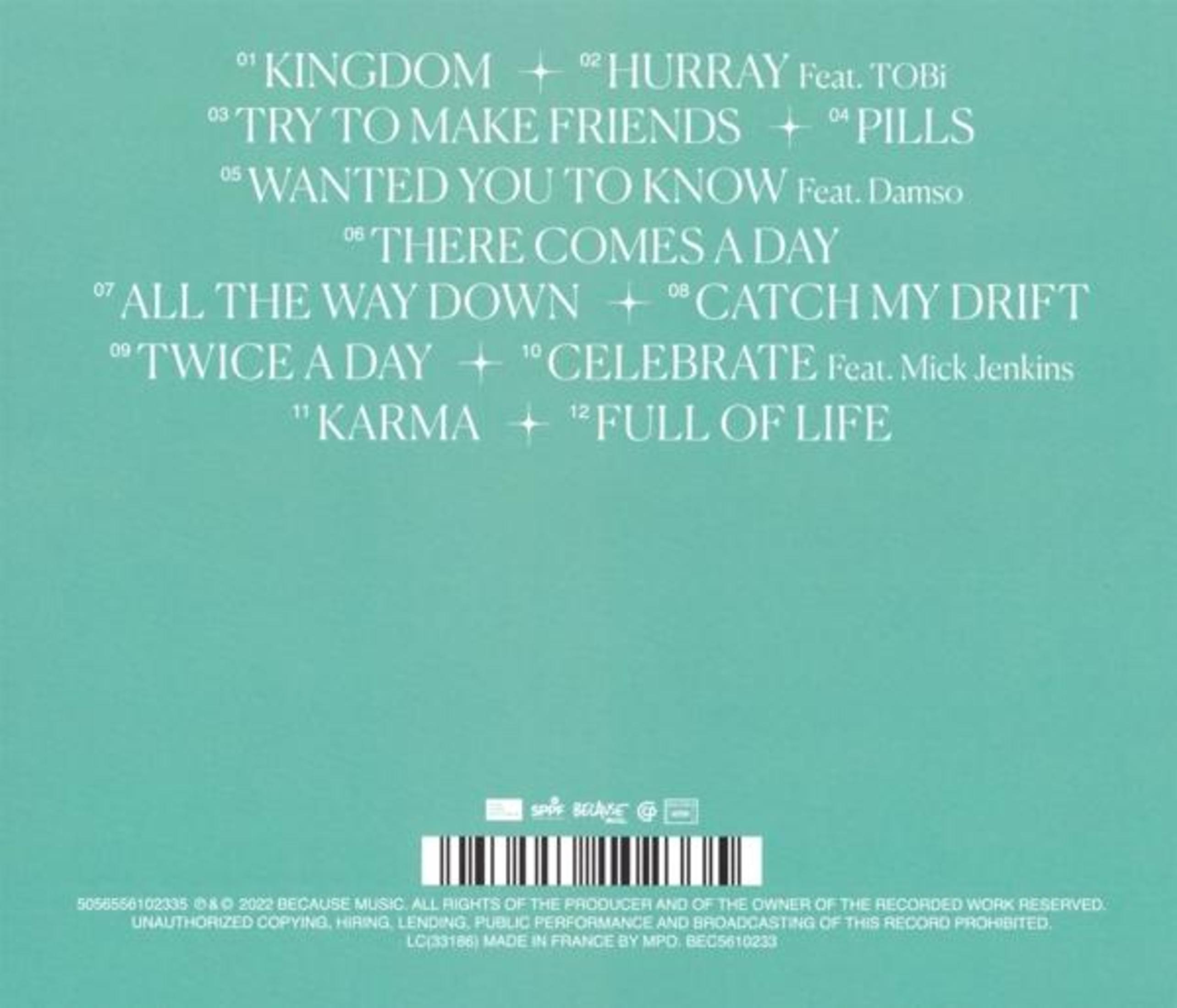 Albumhoes: Witte tekst op een turkooizen achtergrond met een tracklist en copyright info.
