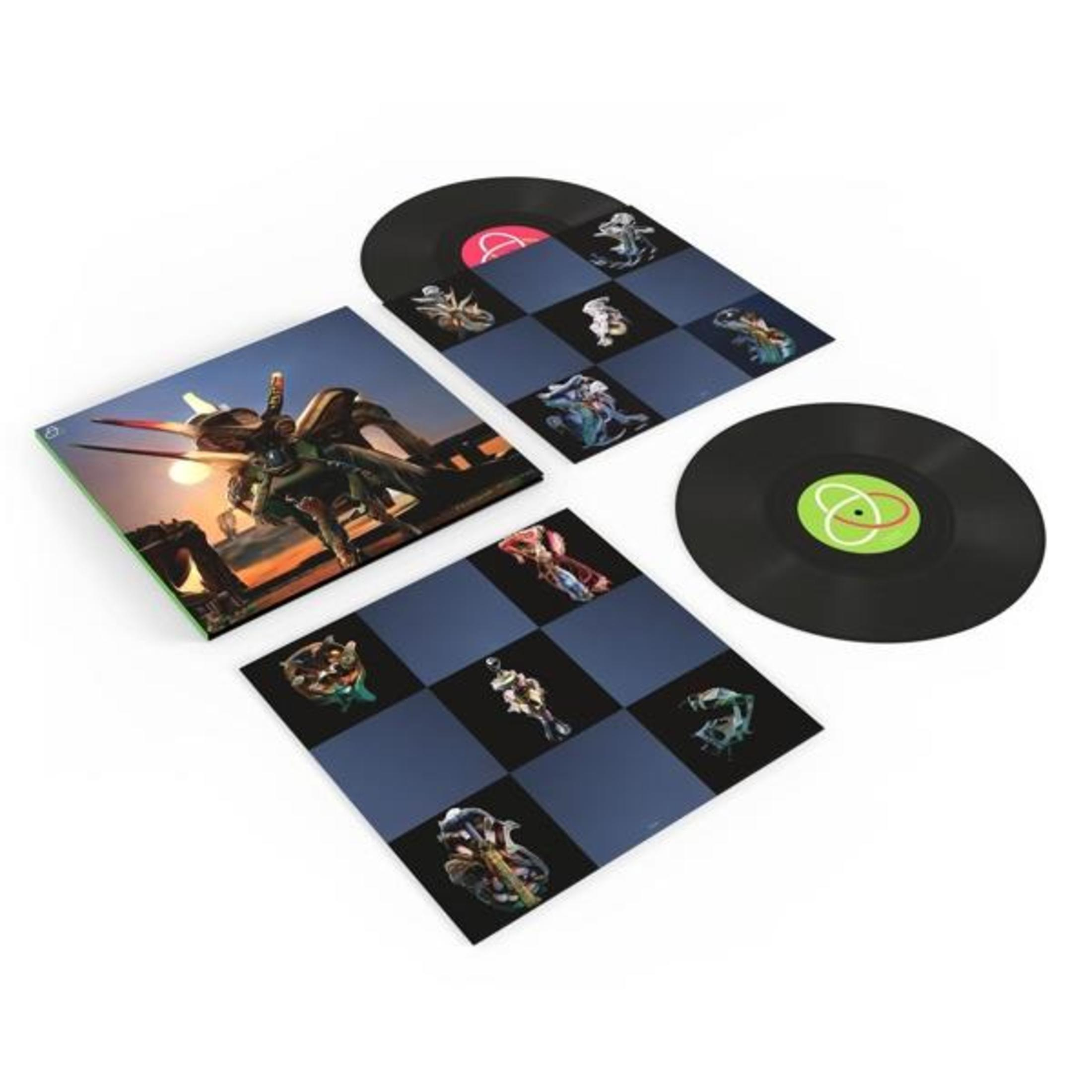 Pochette d'album avec vinyles et illustrations. Deux disques et pochettes sur fond blanc.
