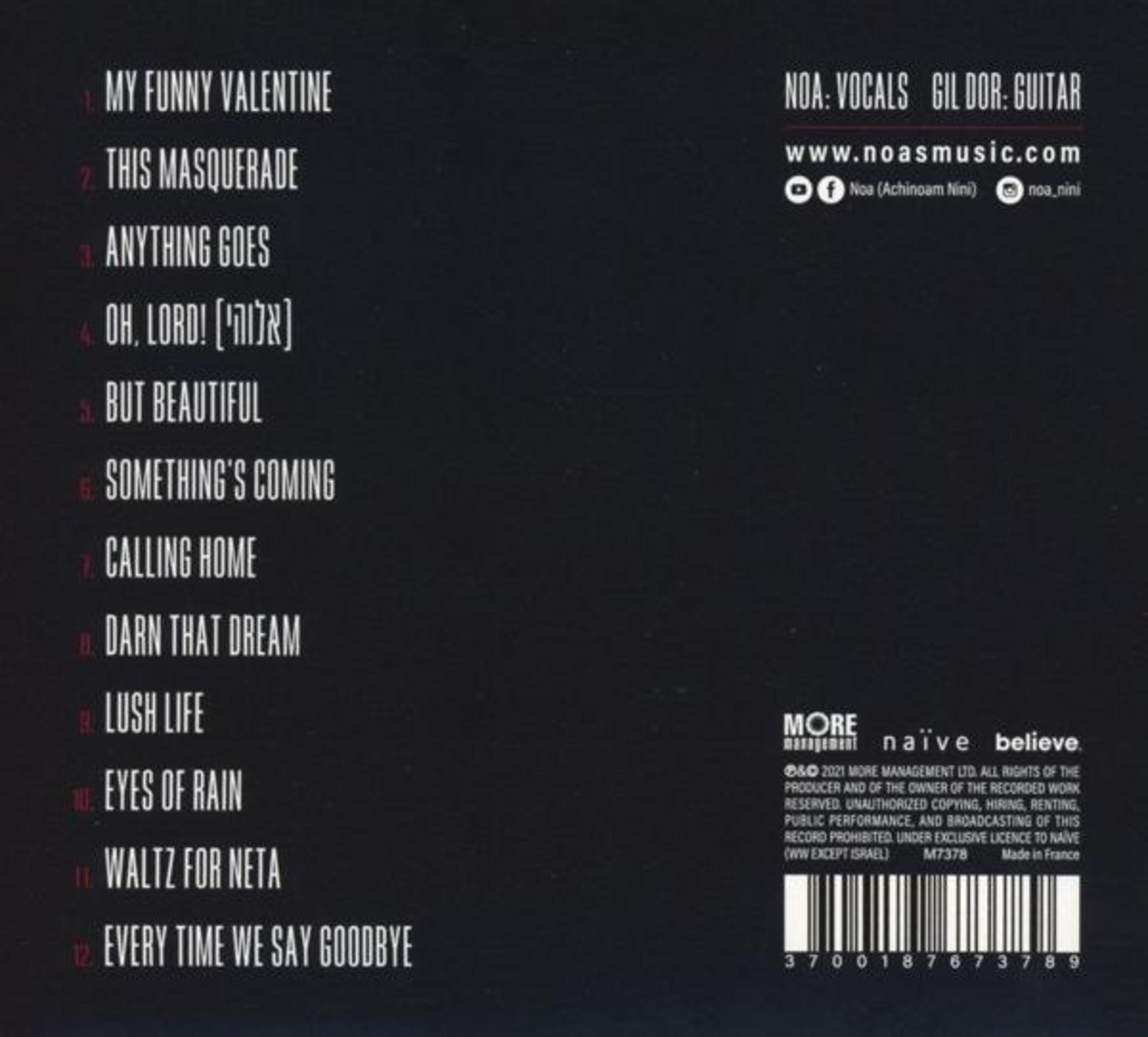 Achterkant van album met songtitels. Tekst bevat artiest- en contactinformatie. Zwarte achtergrond.