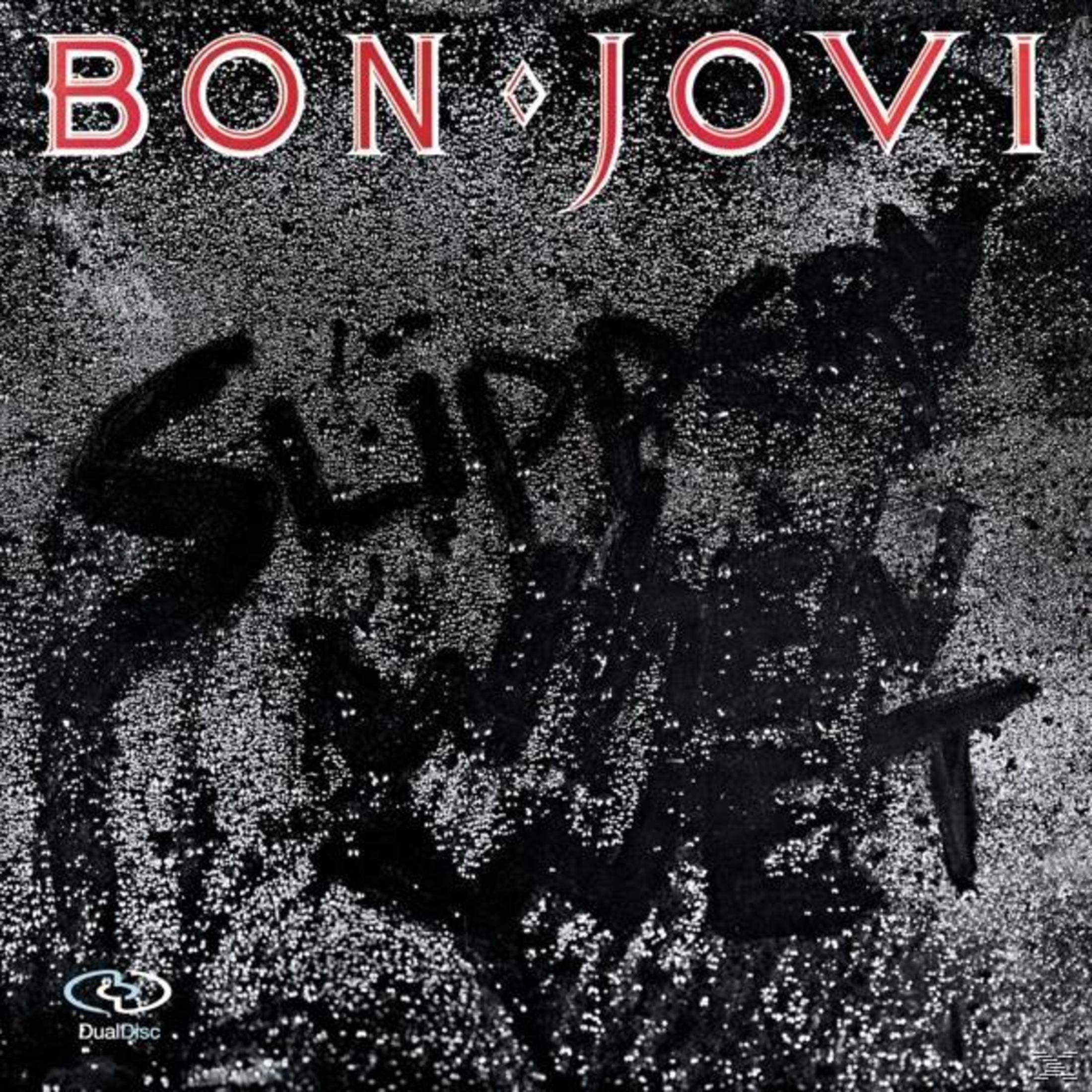 Albumhoes, zwarte achtergrond met witte tekst, 'BON JOVI' en 'Slipry When Wet'.